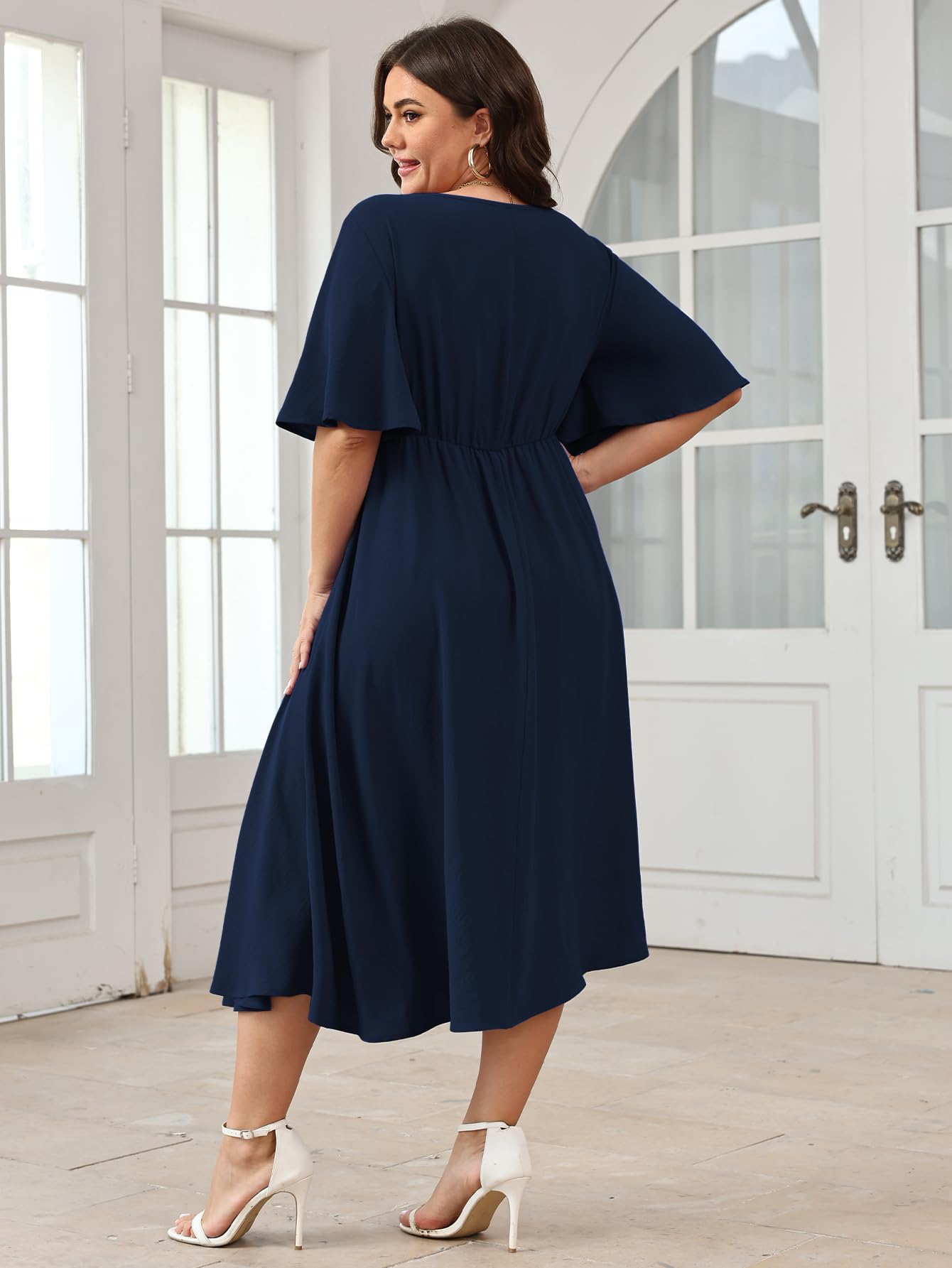 SCOMCHIC Women Plus Size Midi Dresses Wedding Guest Short Sleeve V Neck Tie Waist Casual Summer Flowy A Line Dress