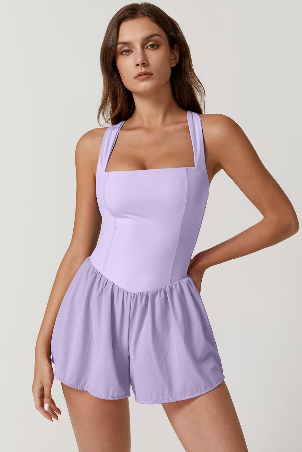 QINSEN Women's Square Neck Sleeveless Romper Jumpsuit Casual Summer One Piece Outfit with Pocket