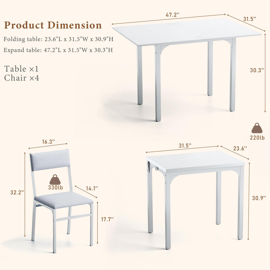 HUAHUU Dining Table Set for 4, Extendable Kitchen Table Cushion Chairs Set of 4, Rectangle Dining Table with Metal Frame & MDF Board, Folding for Small Apartment Saving Space, Black
