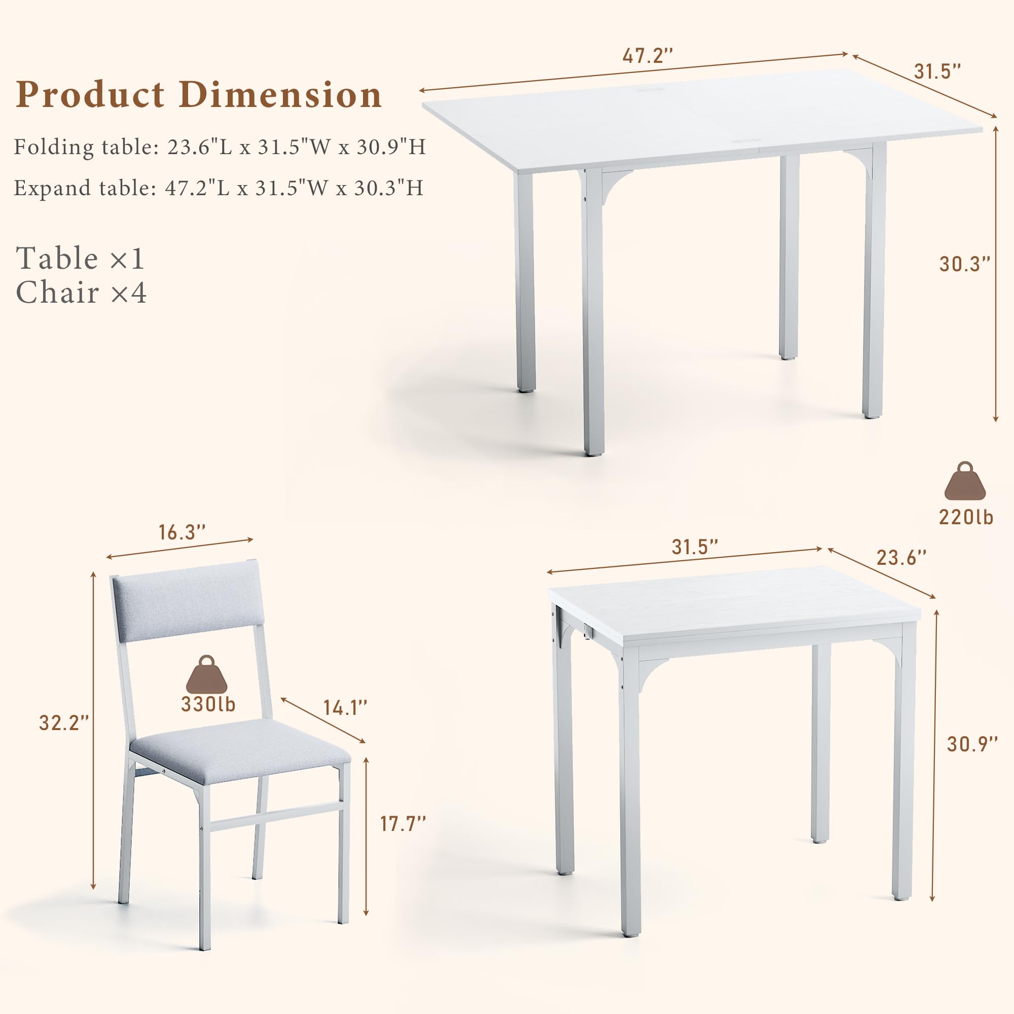 HUAHUU Dining Table Set for 4, Extendable Kitchen Table Cushion Chairs Set of 4, Rectangle Dining Table with Metal Frame & MDF Board, Folding for Small Apartment Saving Space, Black
