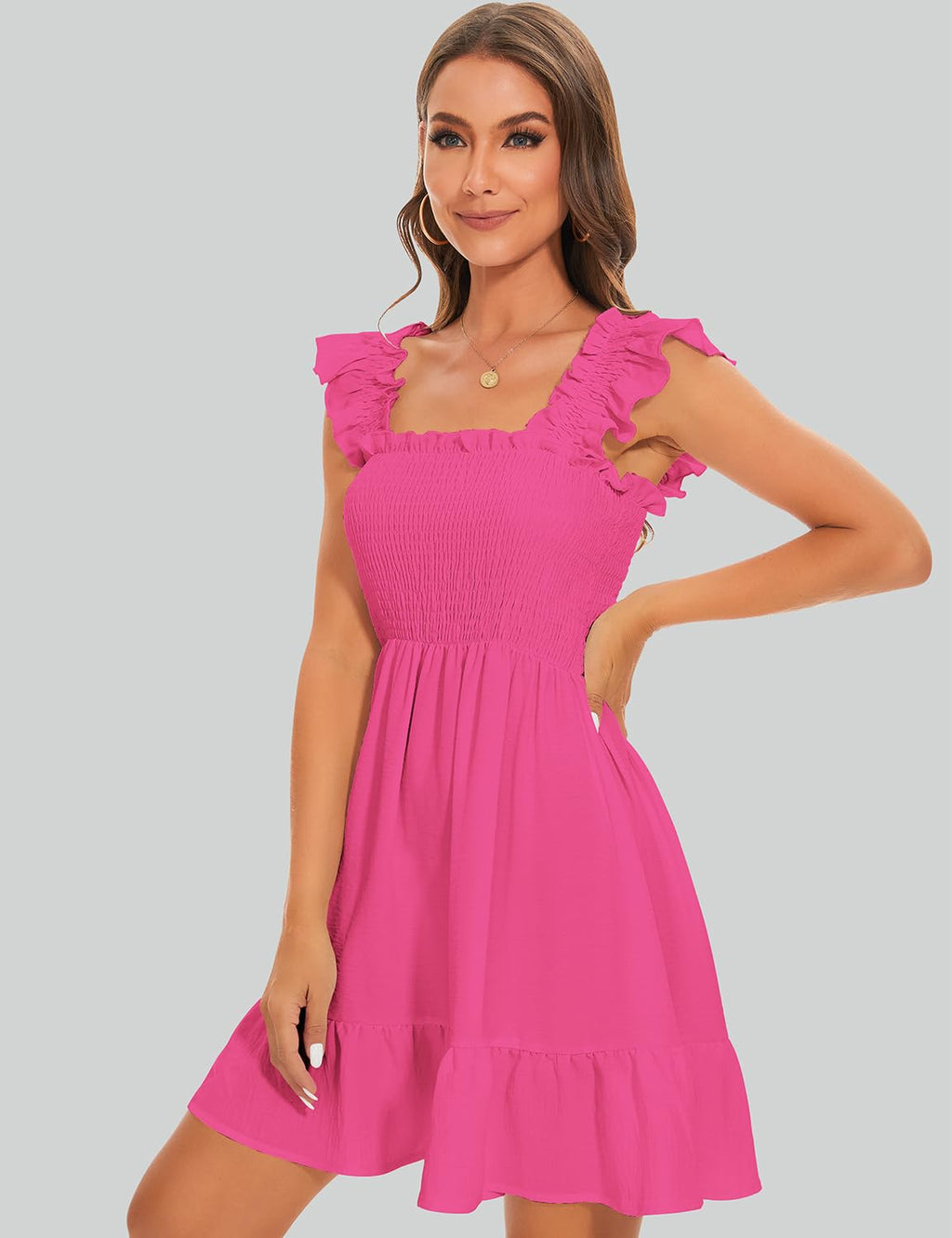 ROYLAMP Women's Smocked Dresses Square Neck Elegant Tiered Boho Ruffle Shoulder Swing Flowy Summer Casual Mini Dress