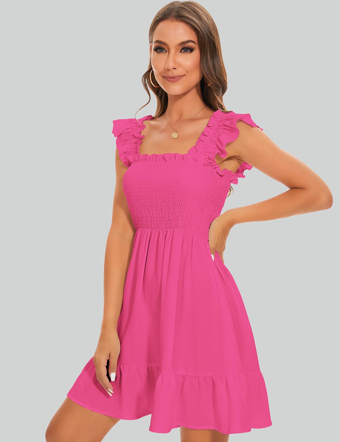 ROYLAMP Women's Smocked Dresses Square Neck Elegant Tiered Boho Ruffle Shoulder Swing Flowy Summer Casual Mini Dress