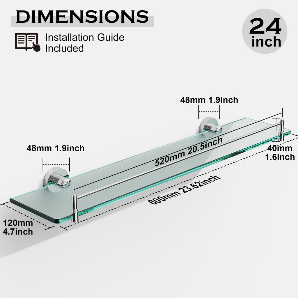 Glass Bathroom Shelves,Brushed Gold Floating Shelves for Wall Rectangular Modern Stainless Steel Glass Shelf for Bathroom Shelves wall Mounted 16 Inch