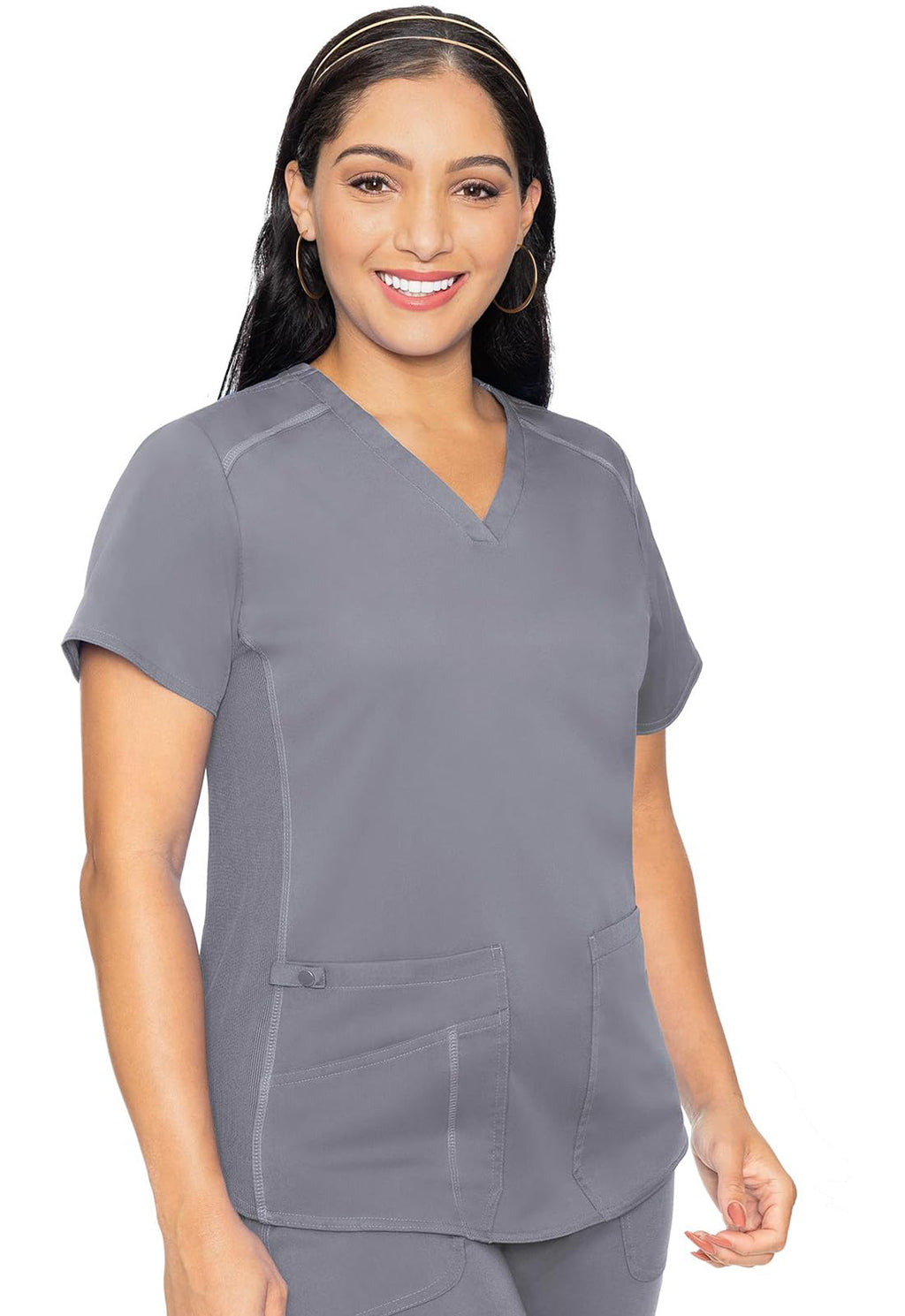 Med Couture V-Neck Scrub Top for Women with 4 Pockets, Rib-Knit Side Panel, and Shirttail Hem MC7459