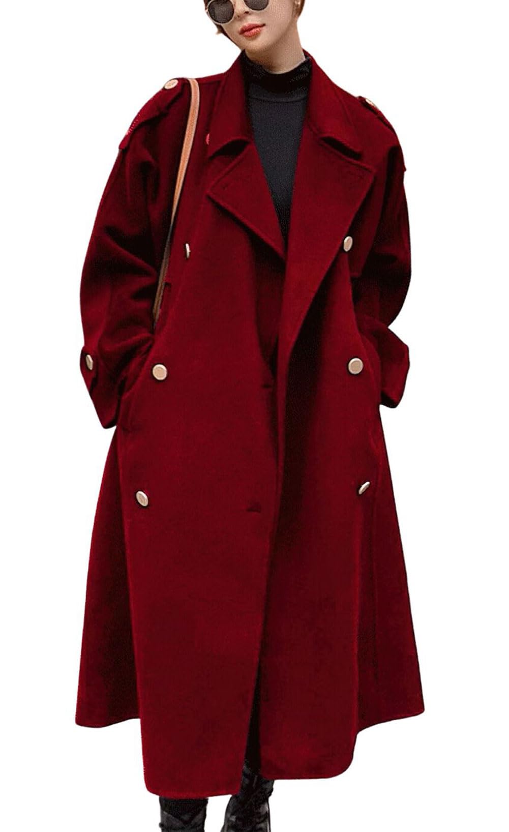 chouyatou Women's Winter Double Breasted Midi Long Wool Pea Coat Notch Lapel Winter Trench Coat