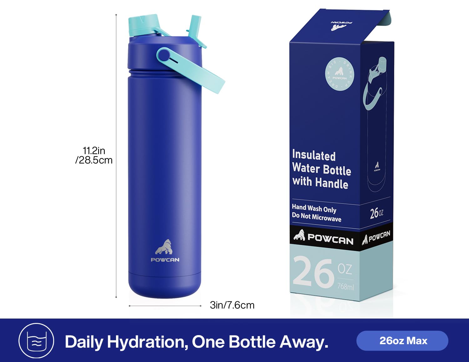 POWCAN 26 oz Insulated Water Bottle with 2-in-1 Straw and Spout Lid, Keep Cold 24H, Leak-Proof, Fits in Car Cup Holder, Stainless Steel Water Bottle for Sports, Travel, Gym, Gift, and School (Ace)