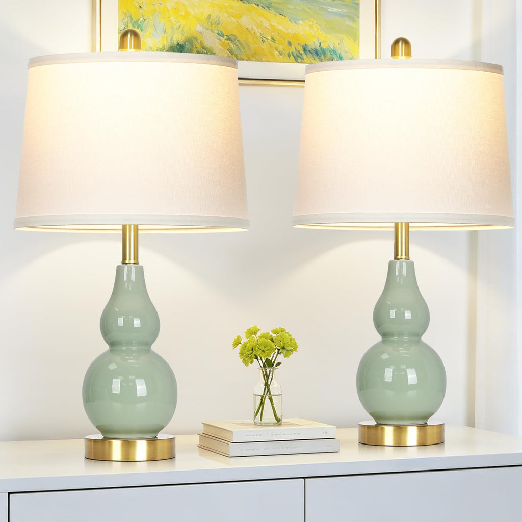 Rinweey Double Gourd Ceramic Table Lamps Set of 2, Modern Blue Bedside Lamps for Night Stand, Contemporary Nightstand Lamps for Bedroom Living Room (Bulb Included)