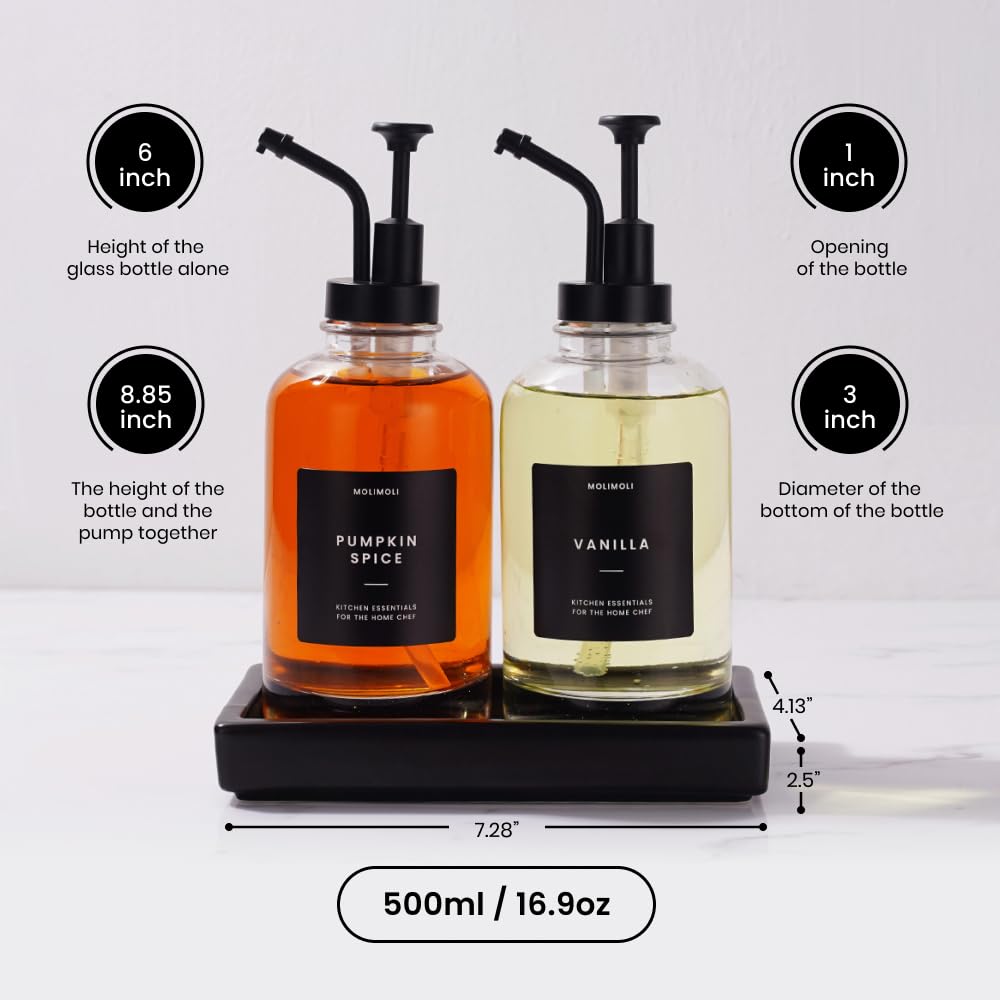 Molimoli Coffee Syrup Dispenser - Glass Bottle w. Pump, 11.8 oz 350 ml, Set of 2, Black Upgraded Pump