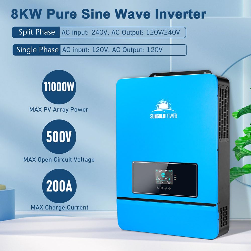 SUNGOLDPOWER 10000W DC 48V UL1741 Solar Inverter,Split Phase,Built-in 2 MPPT Solar Controllers,Max. 200A Battery Charging,AC Input/Output 120V/240V(settable) Inverter Charger(Support Parallel & COMM)