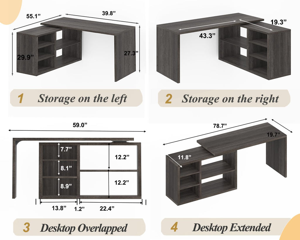 HSH Black L Shaped Computer Desk, Corner Desk with Storage Cabinet Shelves, Reversible Industrial Wood Executive Workstation, L-Shaped Home Office Table for Work Study Writing Gaming, 55 Inch