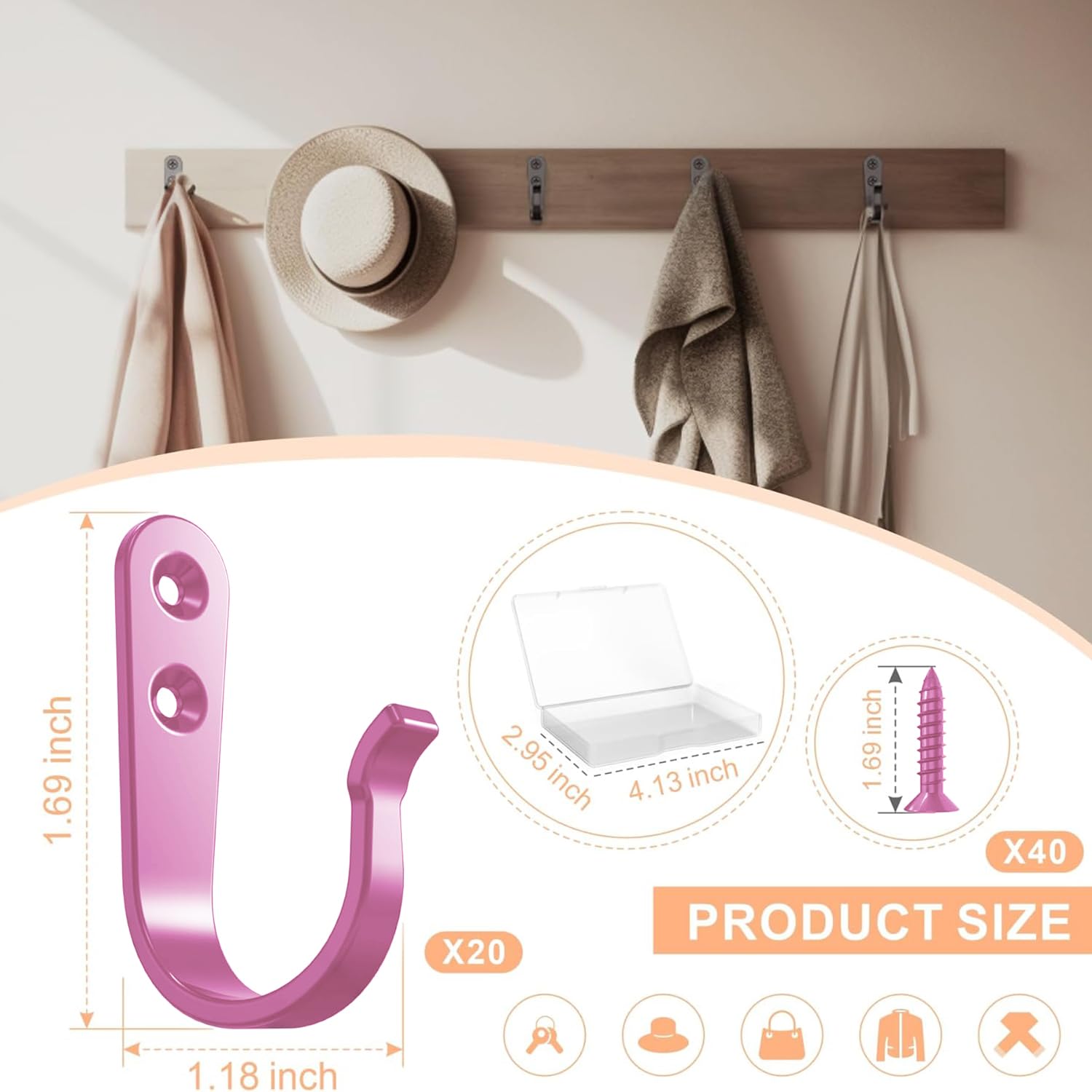 BREYDROK 20PCS Heavy Duty Metal Coat Hooks for Wall, Single Prong Hanging Hooks with 40 Screws for Towels, Backpacks, Hats & Dog Leashes