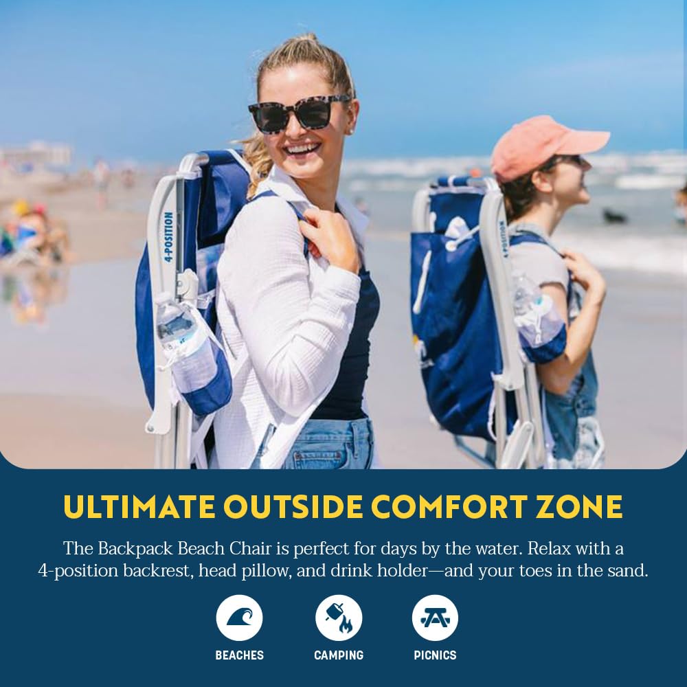 GCI Outdoor Sunshade Backpack Beach Chair | Reclining Folding Canopy Chair with Durable Armrests, Drink Holder & Carry Straps, Perfect for Beach Trips & Picnics — Saybrook Blue