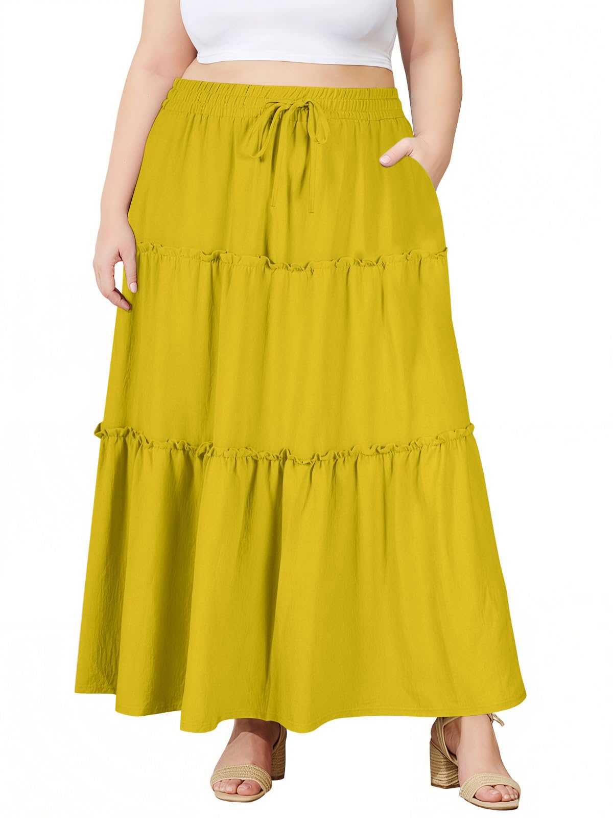 Moon Wood Plus Size Maxi Skirts for Women Trendy Long Flowy Boho Tiered Skirt Renaissance Summer Beach Skirt with Pockets