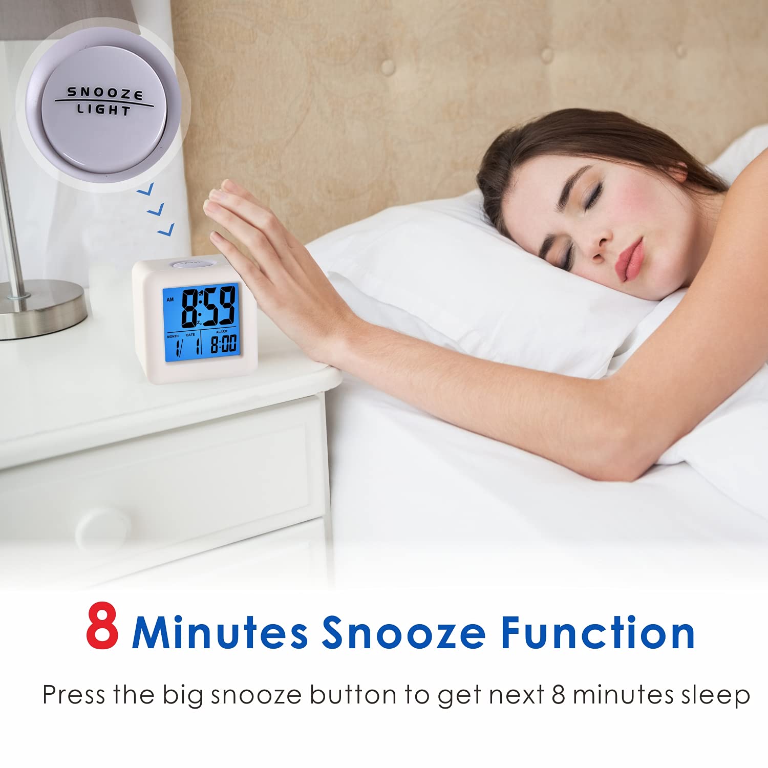 Plumeet Digital Alarm Clock Kids Clock with Snooze and White Nightlight - Easy Setting Travel Alarm Clocks Display Time, Date, Alarm - Ascending Sound - Battery Powered (Baby Blue)