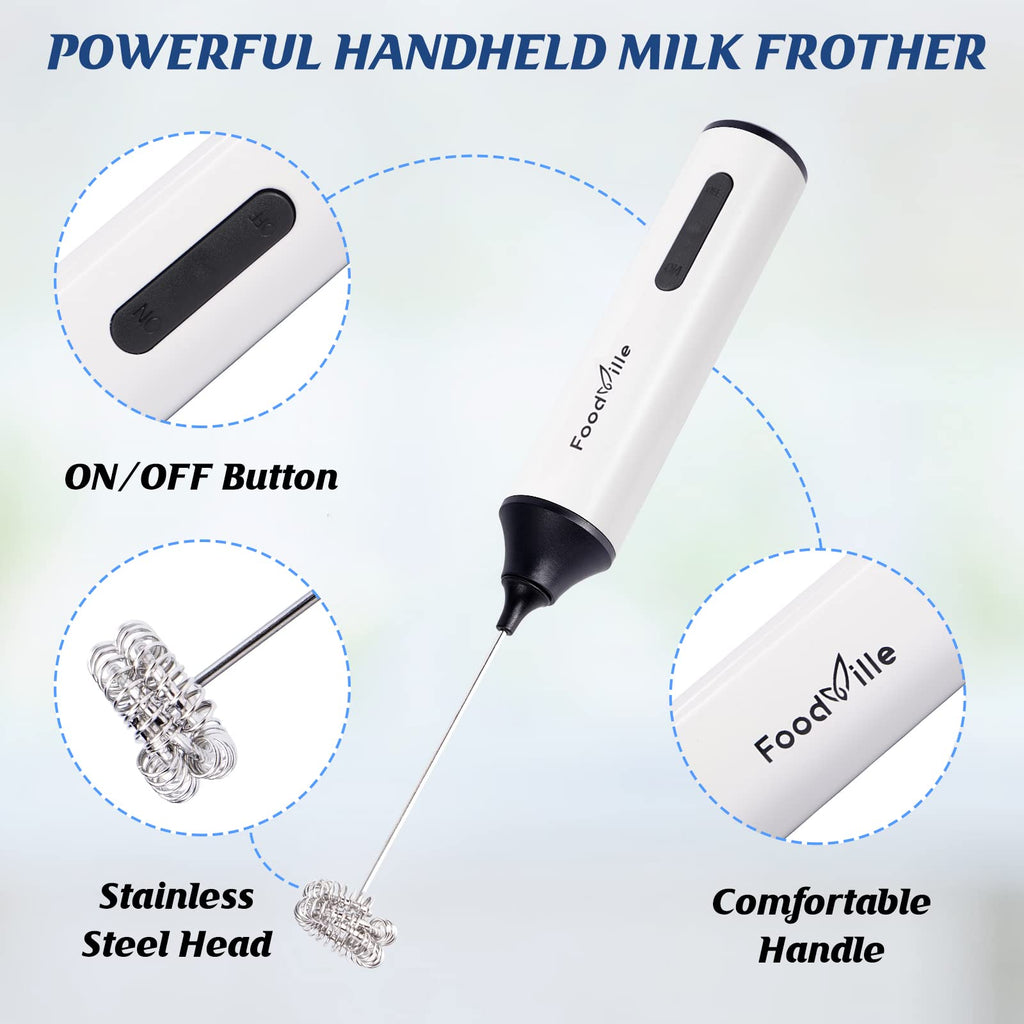 FoodVille MF05 Rechargeable Milk Frother USB Charging Handheld Foam Maker with Stainless Balloon Whisk for Cappuccino, Latte, Bulletproof Coffee, Keto Diet, Protein Powder, Matcha (Black)