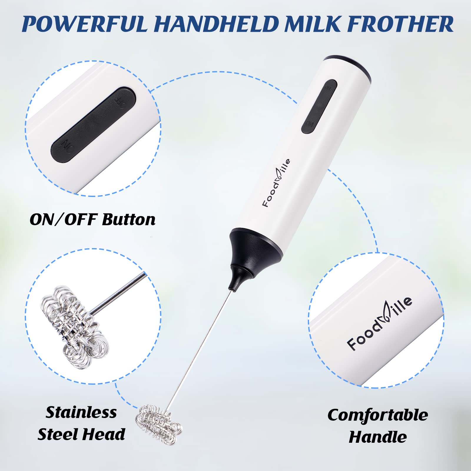 FoodVille MF05 Rechargeable Milk Frother USB Charging Handheld Foam Maker with Stainless Balloon Whisk for Cappuccino, Latte, Bulletproof Coffee, Keto Diet, Protein Powder, Matcha (Black)