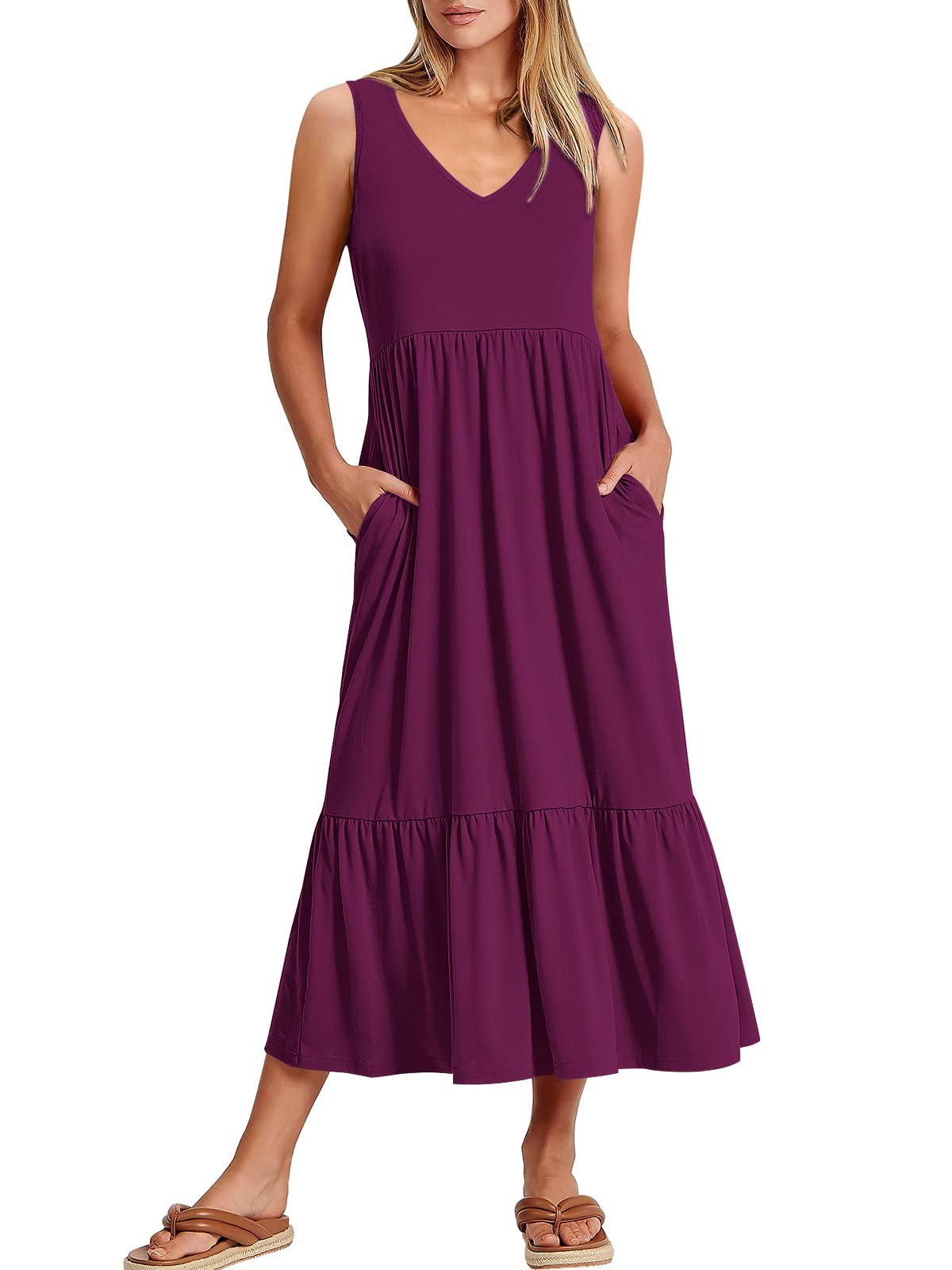 ANRABESS Women Summer Maxi Dresses A-line Tiered Flowy V Neck Sleeveless Swing 2026 Casual Beach Travel Sundress with Pockets