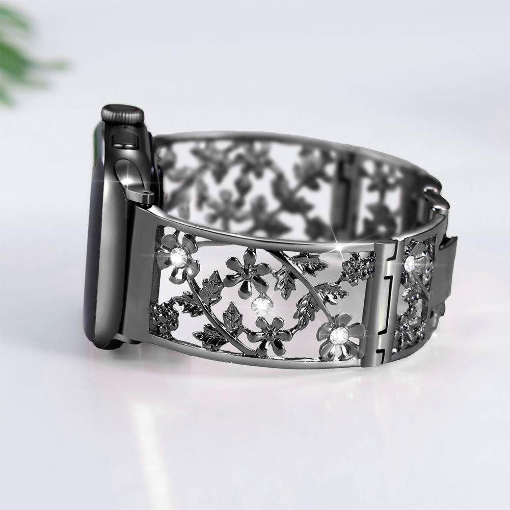 Floral Band Compatible with Apple Watch Jewelry Band 38mm 40mm 41mm 42mm iWatch Bands Series 11 10 9 8 7 6,Bling Crystal Bracelet Hollow Metal Strap,Fashion Women Wristband(38/40/41/42mm,Black)