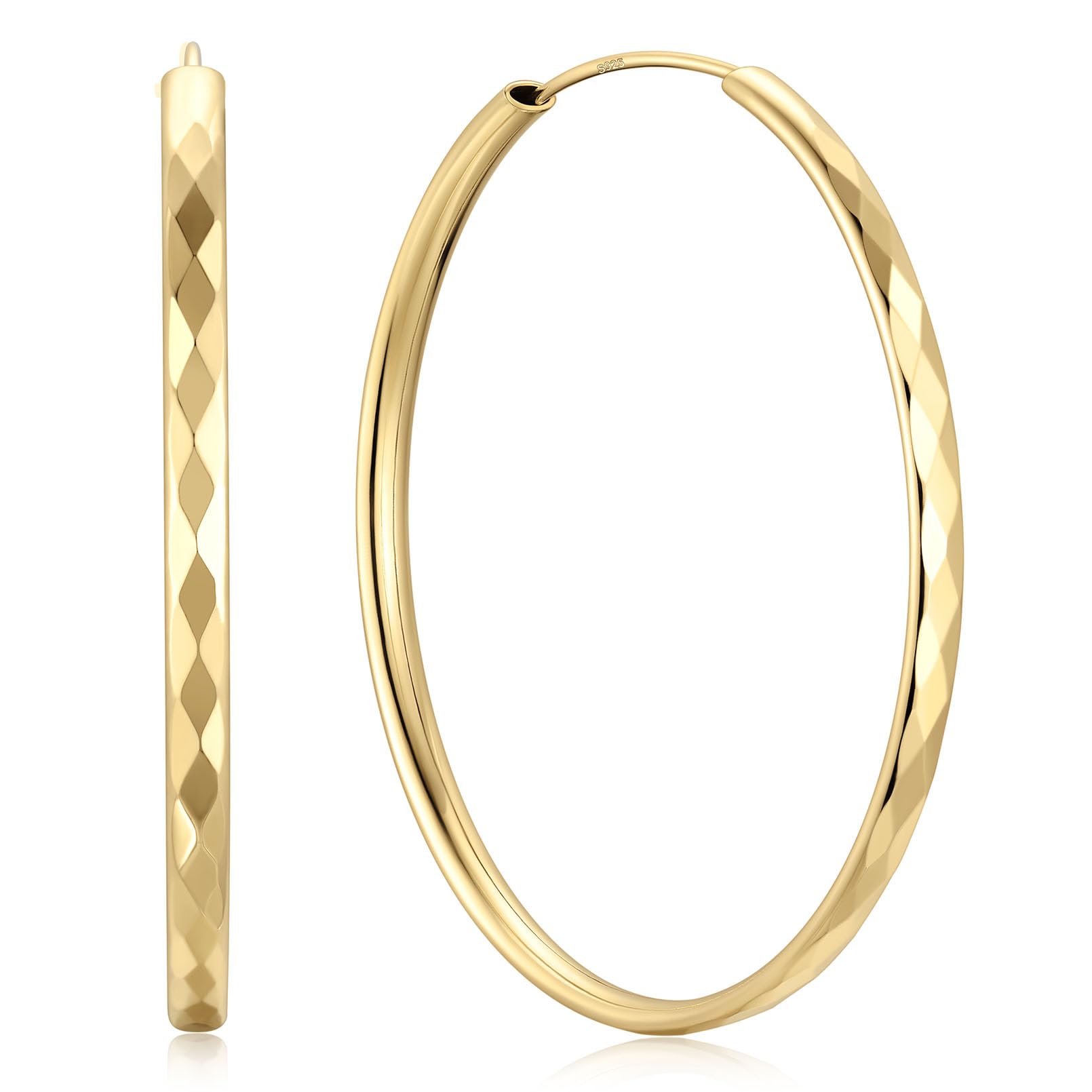 ChicSilver 925 Sterling Silver Hoop Earrings for Women Hypoallergenic, Lightweight Large Gold Plated Silver Hoop Earrings, Endless Hoops Earring 20/30/40/50/60/70MM