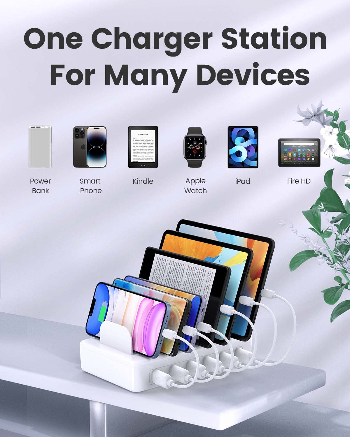 CREATIVE DESIGN 50W 6 Ports Multi Charger Station with 6 Charging Cables, USB Charging Dock for Multiple Devices, Compatible with Cellphone iPad Kindle Tablet and Other Electronic Devices
