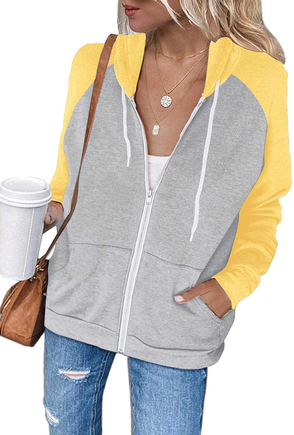 EZBELLE Women's Color Block Zip Up Hoodie Sweatshirt Casual Long Sleeve Jacket Sweater with Pockets