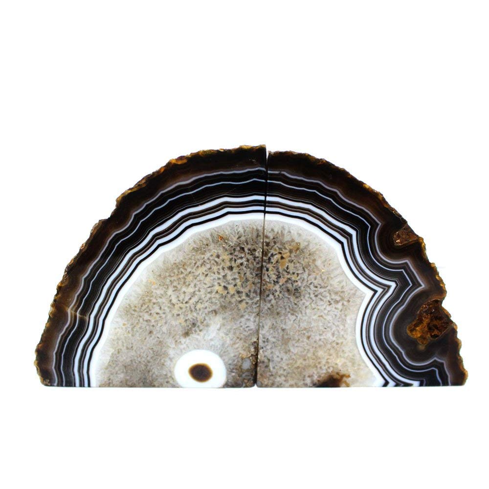 JIC Gem Black Agate Geode Bookends 2-3 Lbs Anti-Slip Rubber Pads Heavy Duty | 1Pair Natural Black Agate Crystal Decor for Shelves & Desk, Unique Small Stone Book Holder Gift for Office & Home Decoration