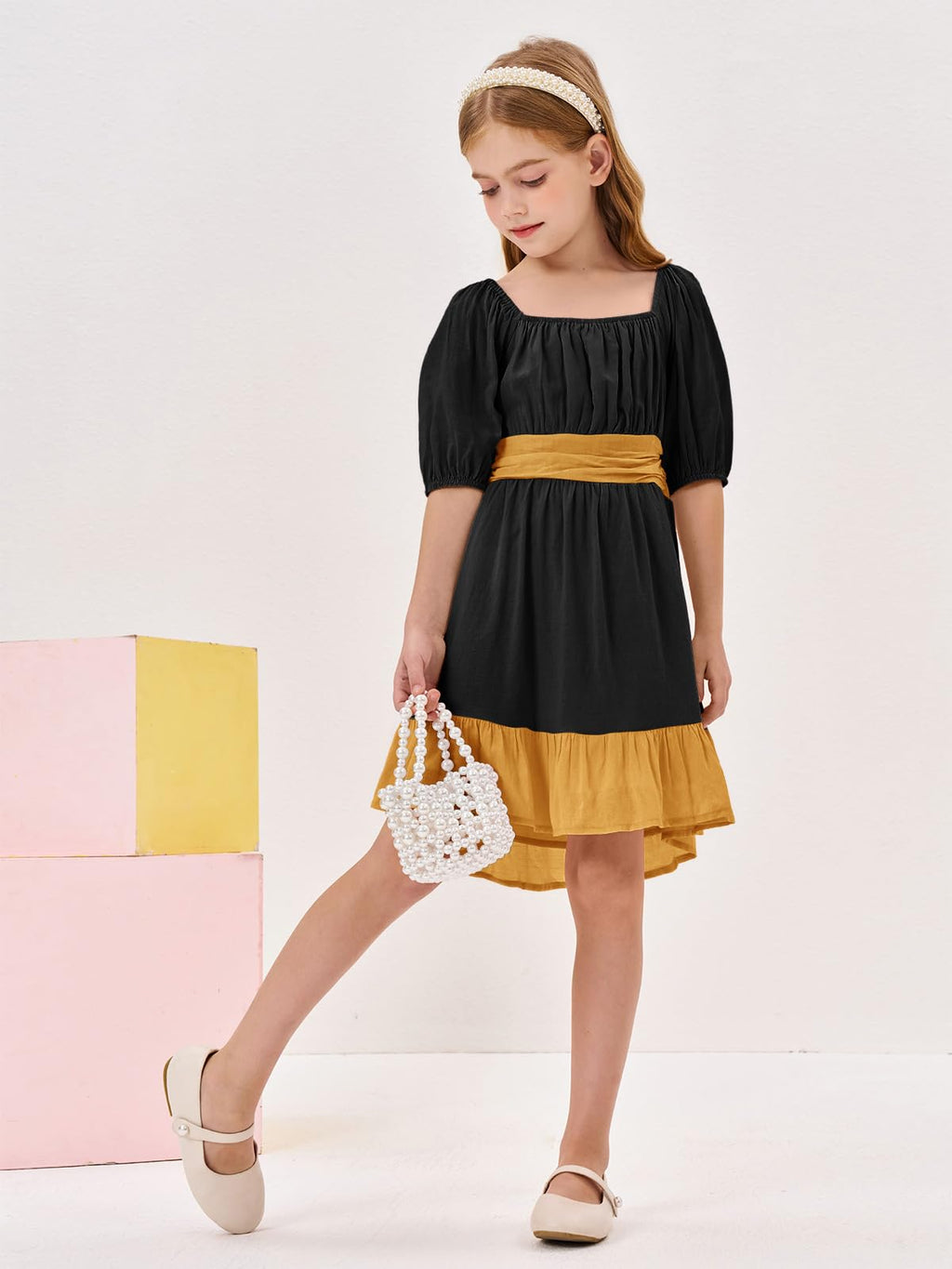 Girls Summer Dresses Square Neck Lantern Sleeve Tie Backless Ruffle A-Line Party Mini Dress