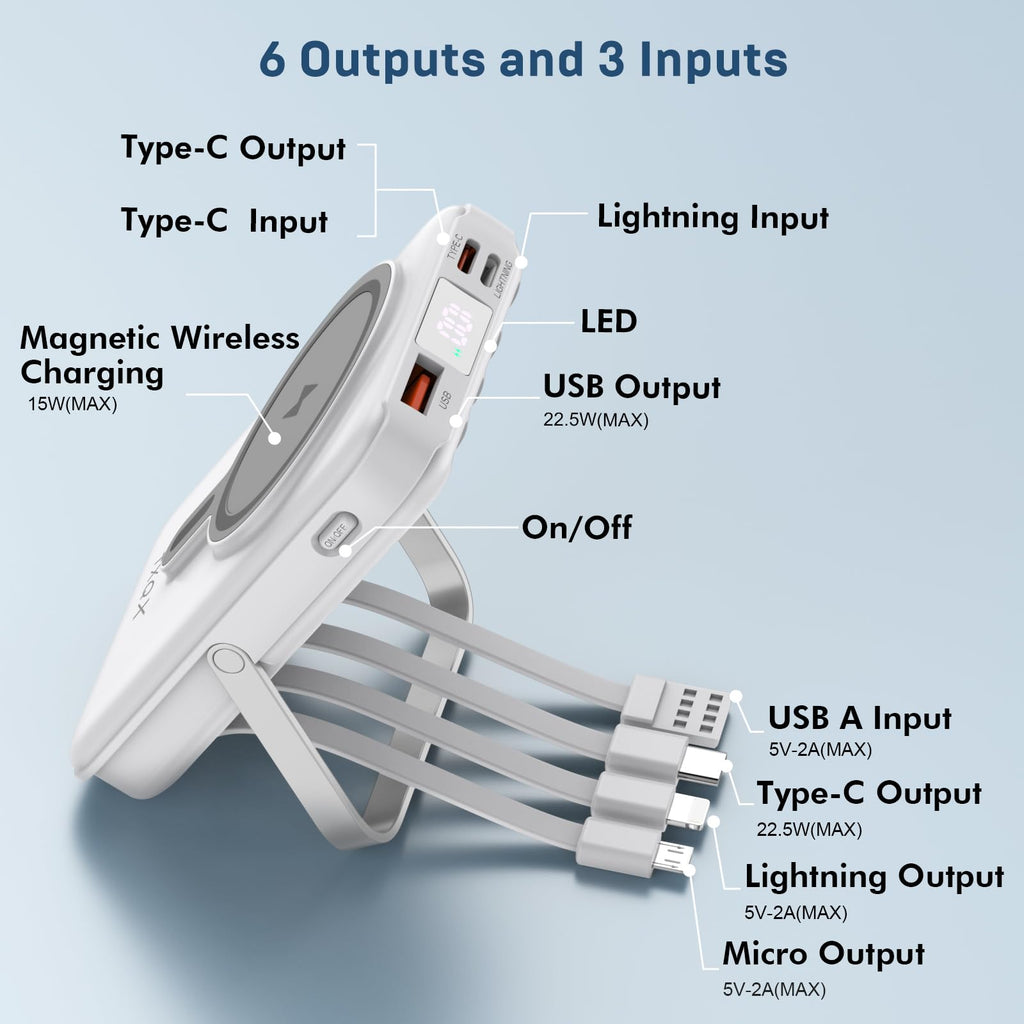for Magsafe Battery Pack,10000mAh Magnetic Power Bank 22.5W PD Fast Charging with LED Display,Wireless Portable Charger with Built-in Cables and Stand for iPhone 17/16/15/14/13/12/Pro/Pro Max