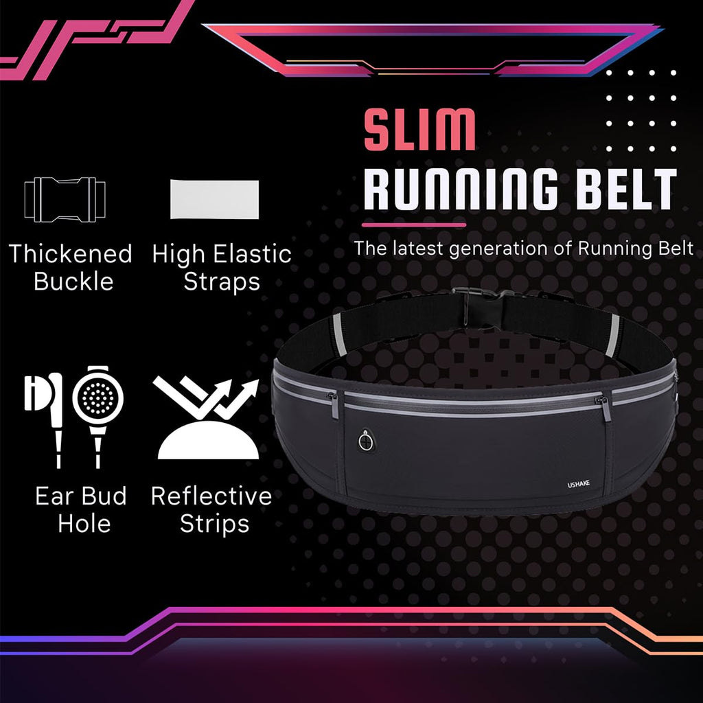 USHAKE Slim Running Belt, Workout Fanny Pack for Men Women,Exercise Waist Pack for Apple iPhone Holder, Runner Belt for Running Walking Cycling Camping Gym Black