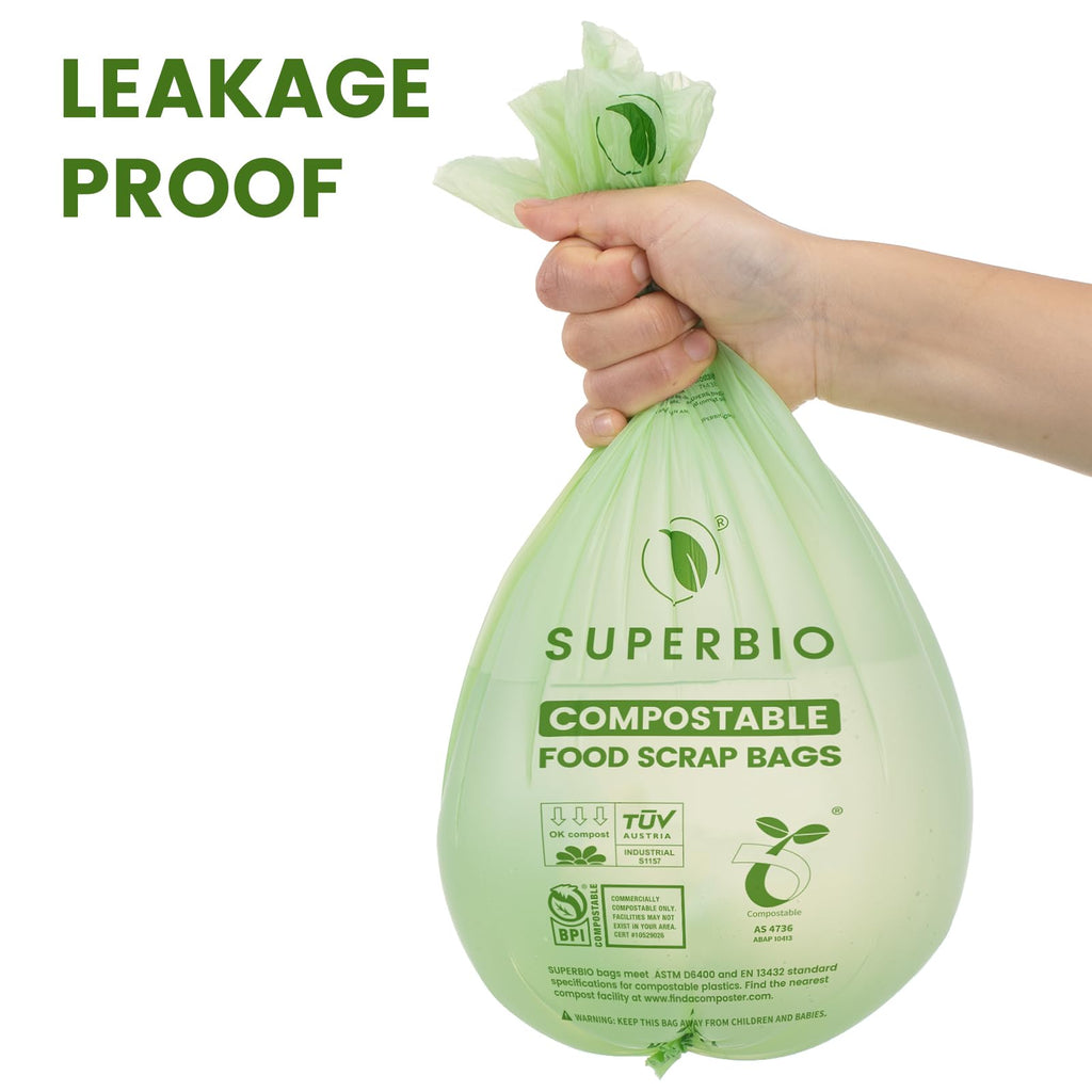 SUPERBIO 1.6 Gallon Handle Tie Compostable Food Scrap Bags, Small Compost Bags with Handles, 50 Count, 2 Pack, BPI & OK compost INDUSTRIAL