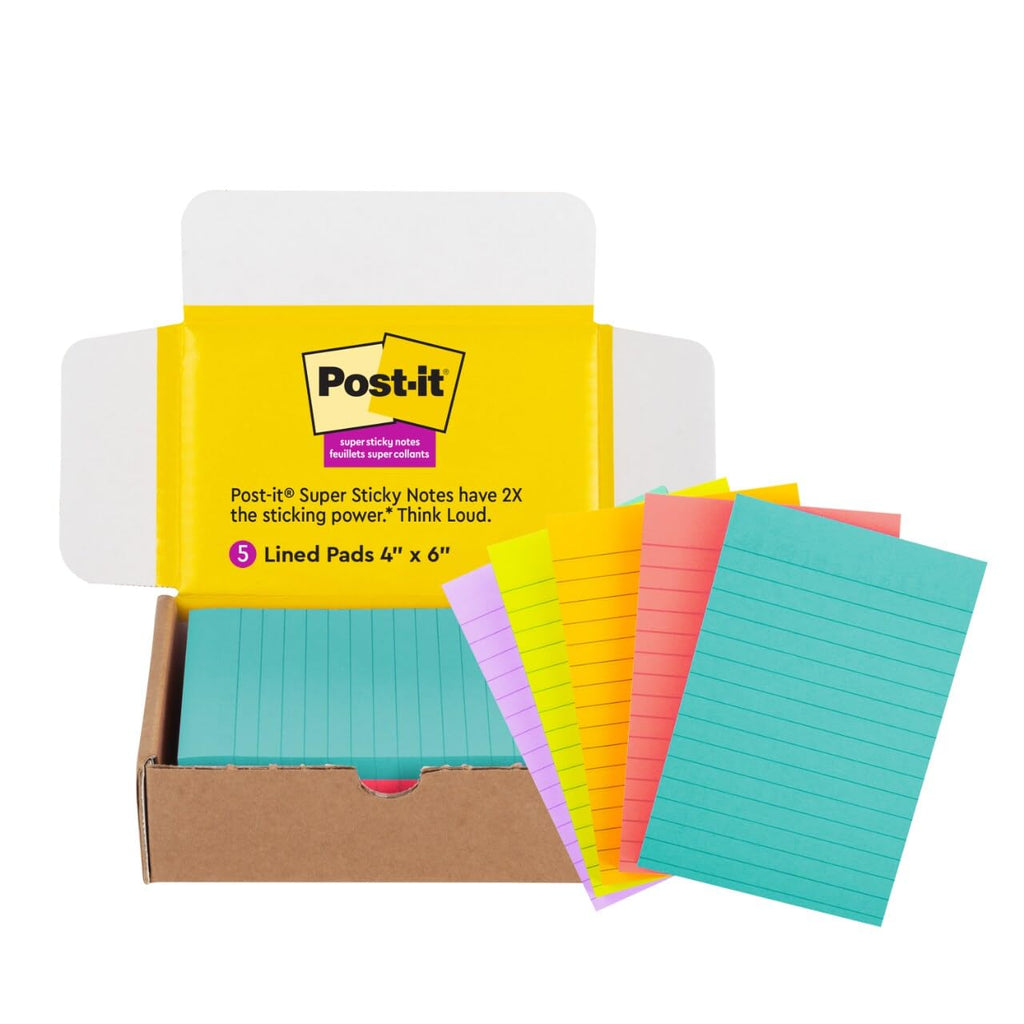 Post-it Super Sticky Lined Notes, 5 Sticky Note Pads, 4x6 in, 2X the Sticking Power, Back to School Supplies for Students, Sticky Notes for Textbooks, Notebooks, and Vertical Surfaces, Bright Colors