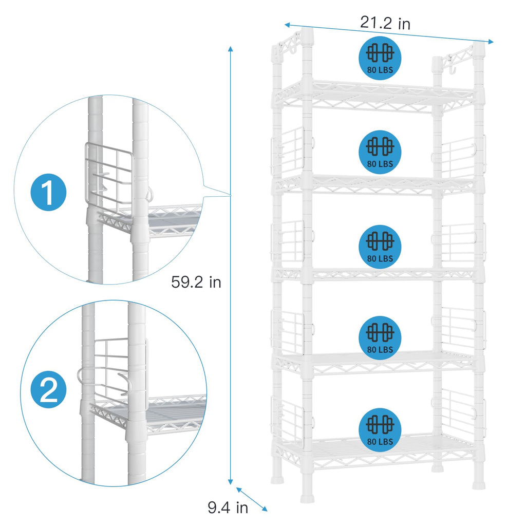 FUTASSI Metal Storage Rack, Storage Organizer Shelves for Kitchen, Bathroom, Living Room, Balcony and Garage, 5 Tiers Narrow Bookshelf, 21.2" W x 9.4" D x 59.2" H, Load 400lbs, Black
