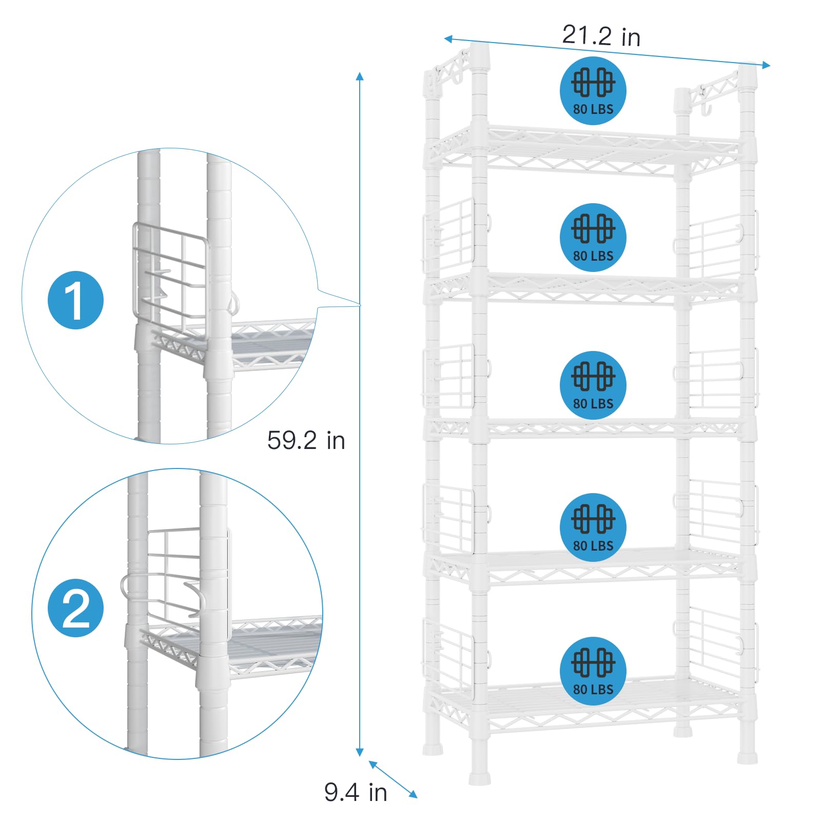 FUTASSI Metal Storage Rack, Storage Organizer Shelves for Kitchen, Bathroom, Living Room, Balcony and Garage, 5 Tiers Narrow Bookshelf, 21.2" W x 9.4" D x 59.2" H, Load 400lbs, Black