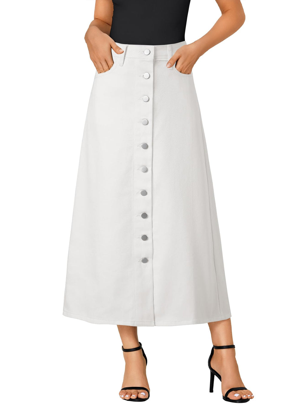 Vrtige Women's Casual Button Down High Waisted A Line Jean Midi Long Denim Skirt with Pockets