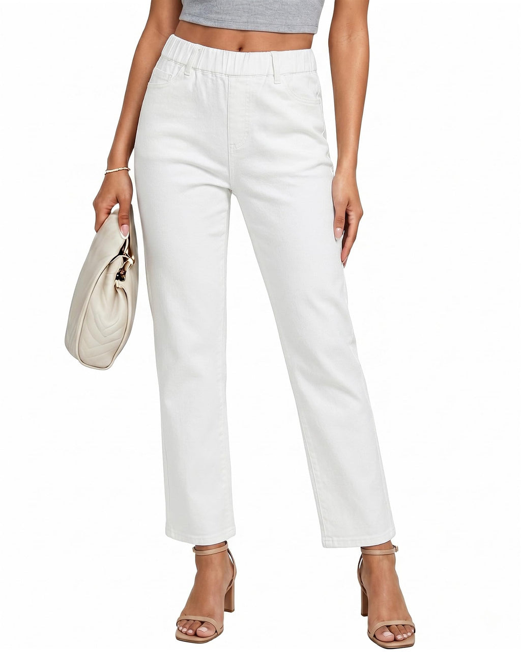 GRAPENT Straight Leg Jeans for Women Trendy Pull On High Waisted Cropped Elastic Waist Stretchy Denim Pants Ankle Jeans