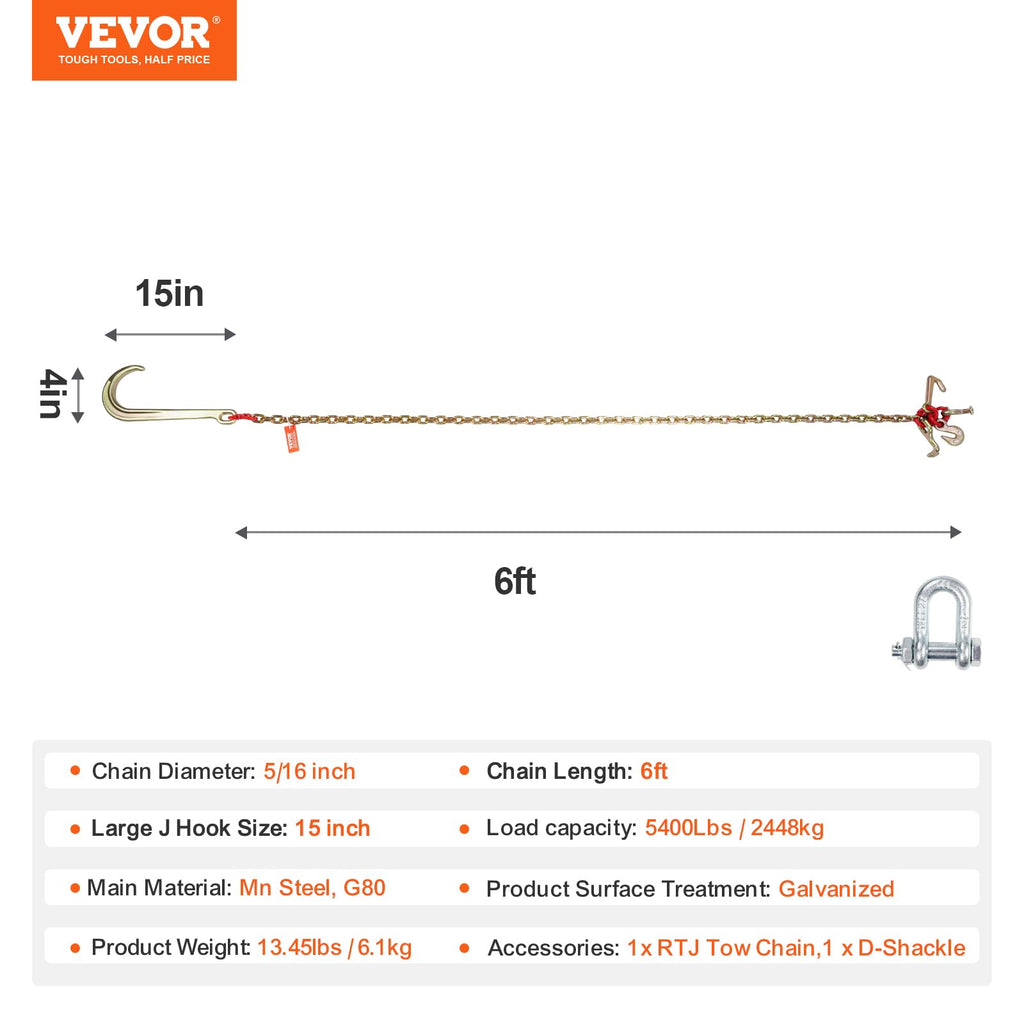 VEVOR G80 V Bridle Chain, 3/8" x 2' Towing Chain Bridle with 15" J Hooks, T Hooks & Grab Hooks, Heavy Duty Transport Tow Chain Bridle with 7800 lbs Safe Working Load for Flatbed Truck Wrecker Recovery