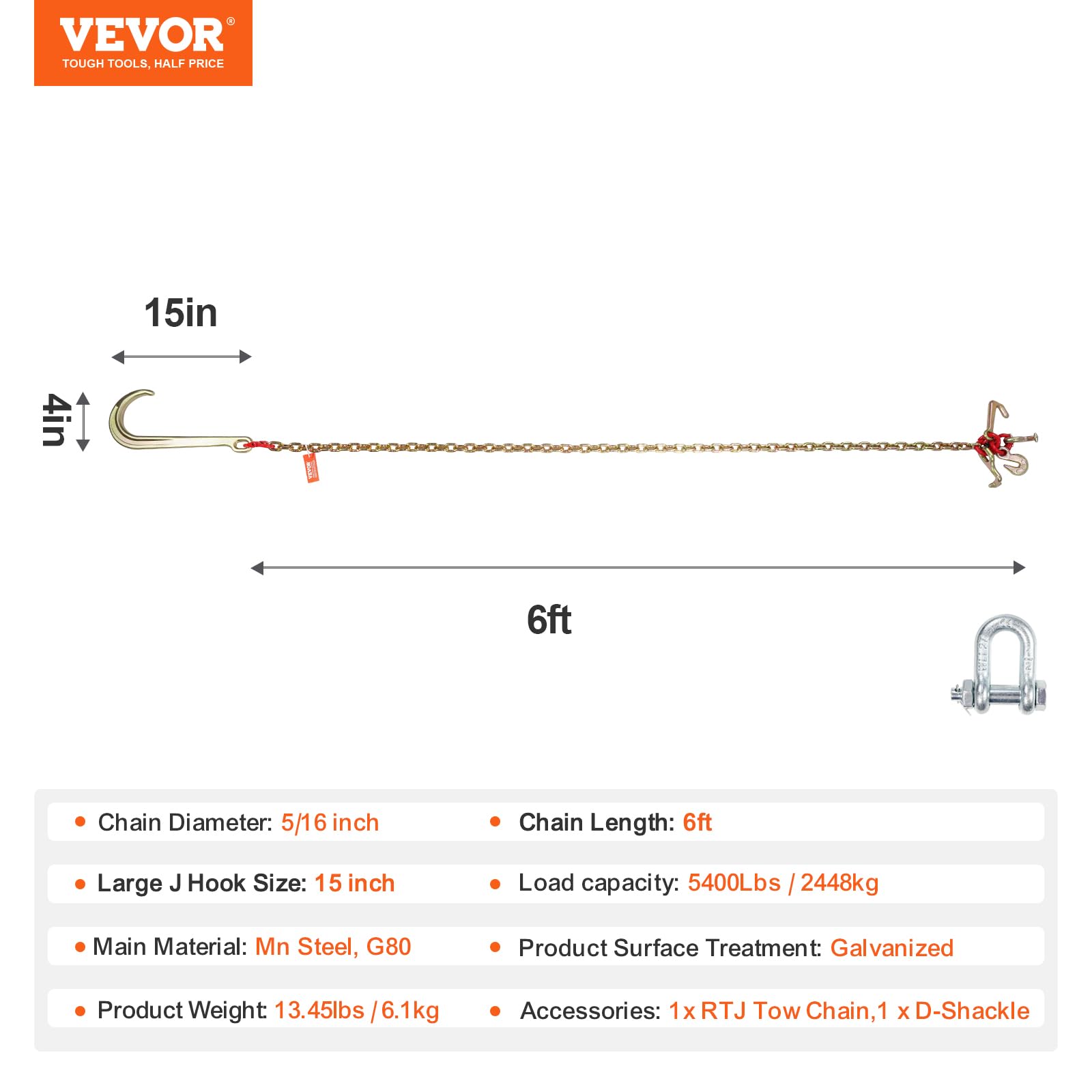 VEVOR G80 V Bridle Chain, 3/8" x 2' Towing Chain Bridle with 15" J Hooks, T Hooks & Grab Hooks, Heavy Duty Transport Tow Chain Bridle with 7800 lbs Safe Working Load for Flatbed Truck Wrecker Recovery