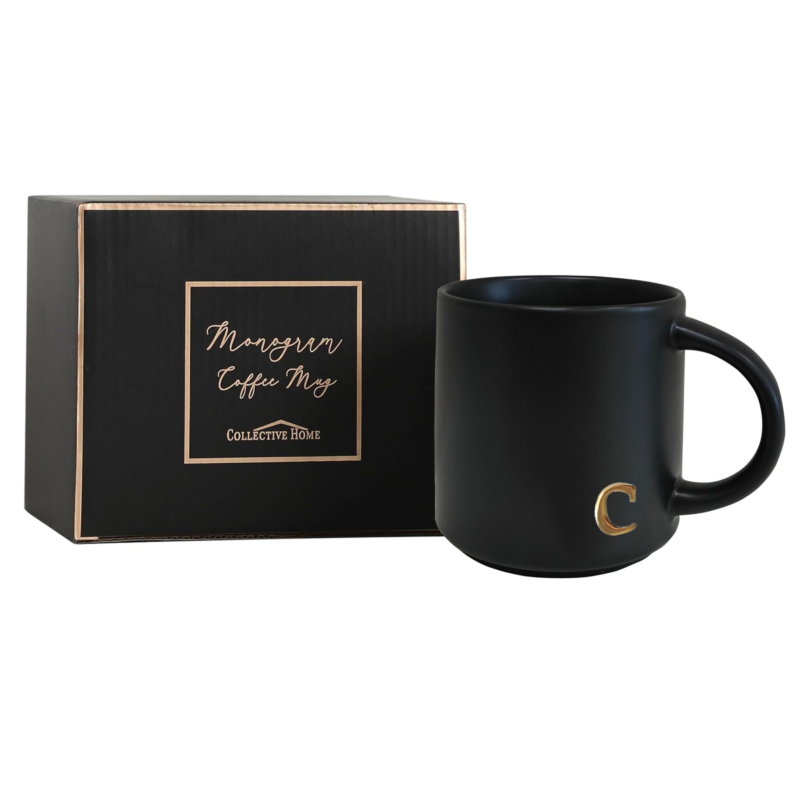 COLLECTIVE HOME - Black Monogram Ceramic Mugs, 15 oz Golden Initial Coffee Cups, Elegant Alphabet Tea Mugs, Personalized Halloween Mug with Gift Box, Perfect for Office and Home Décor (a)