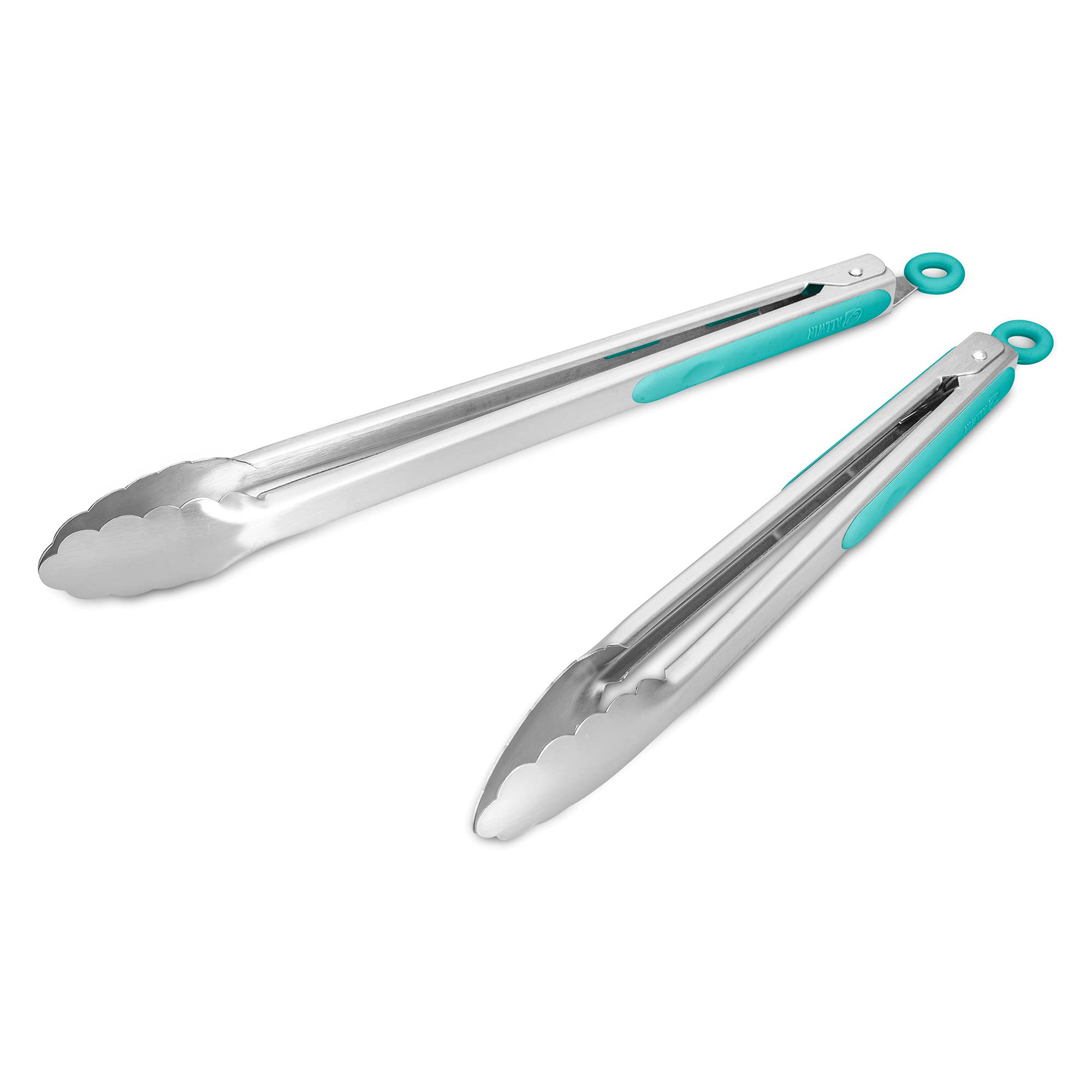 304 Stainless Steel Kitchen Cooking Tongs, 9" and 12" Set of 2 Sturdy Grilling Barbeque Brushed Locking Food Tongs with Ergonomic Grip, Black