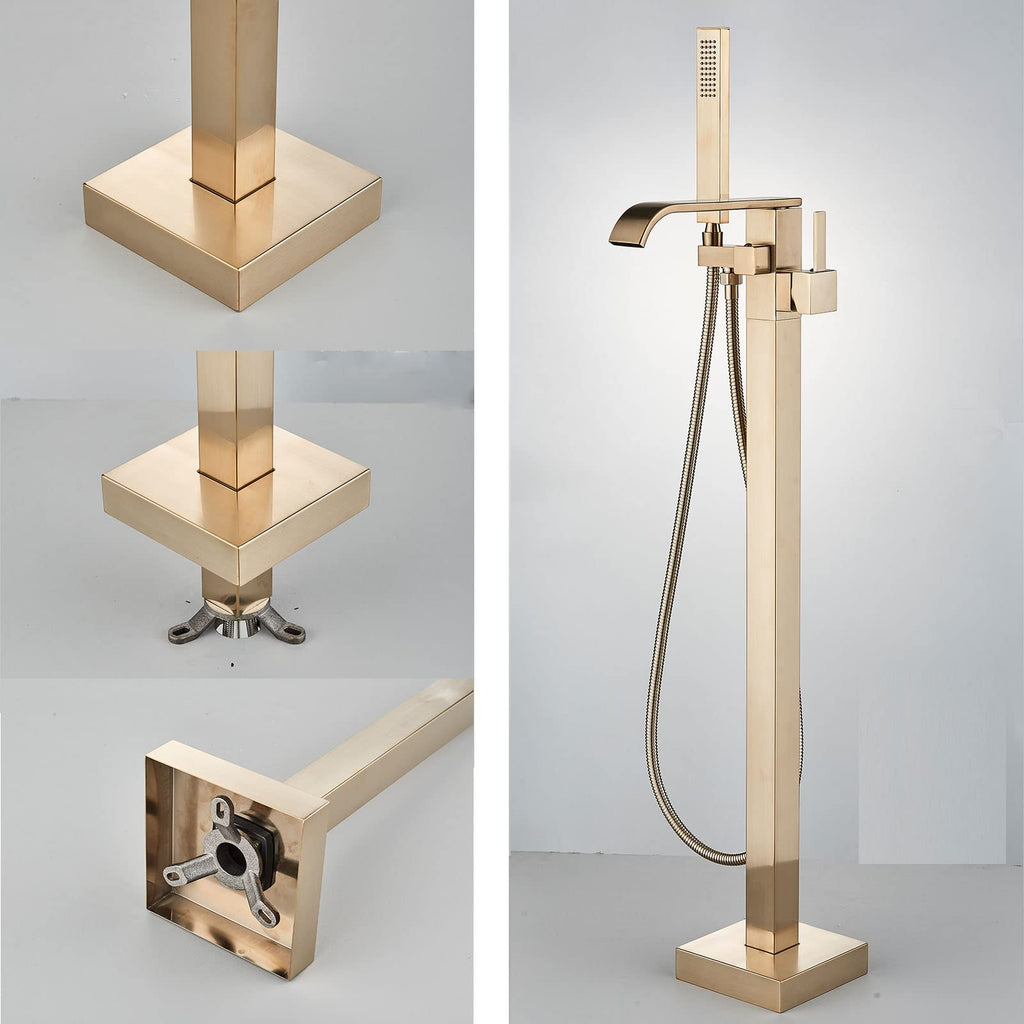 Brushed Gold Freestanding Bathtub Faucet with Hand Shower Tub Filler Faucet Floor Mounted High Flow Single Handle Bath Filler Solid Brass