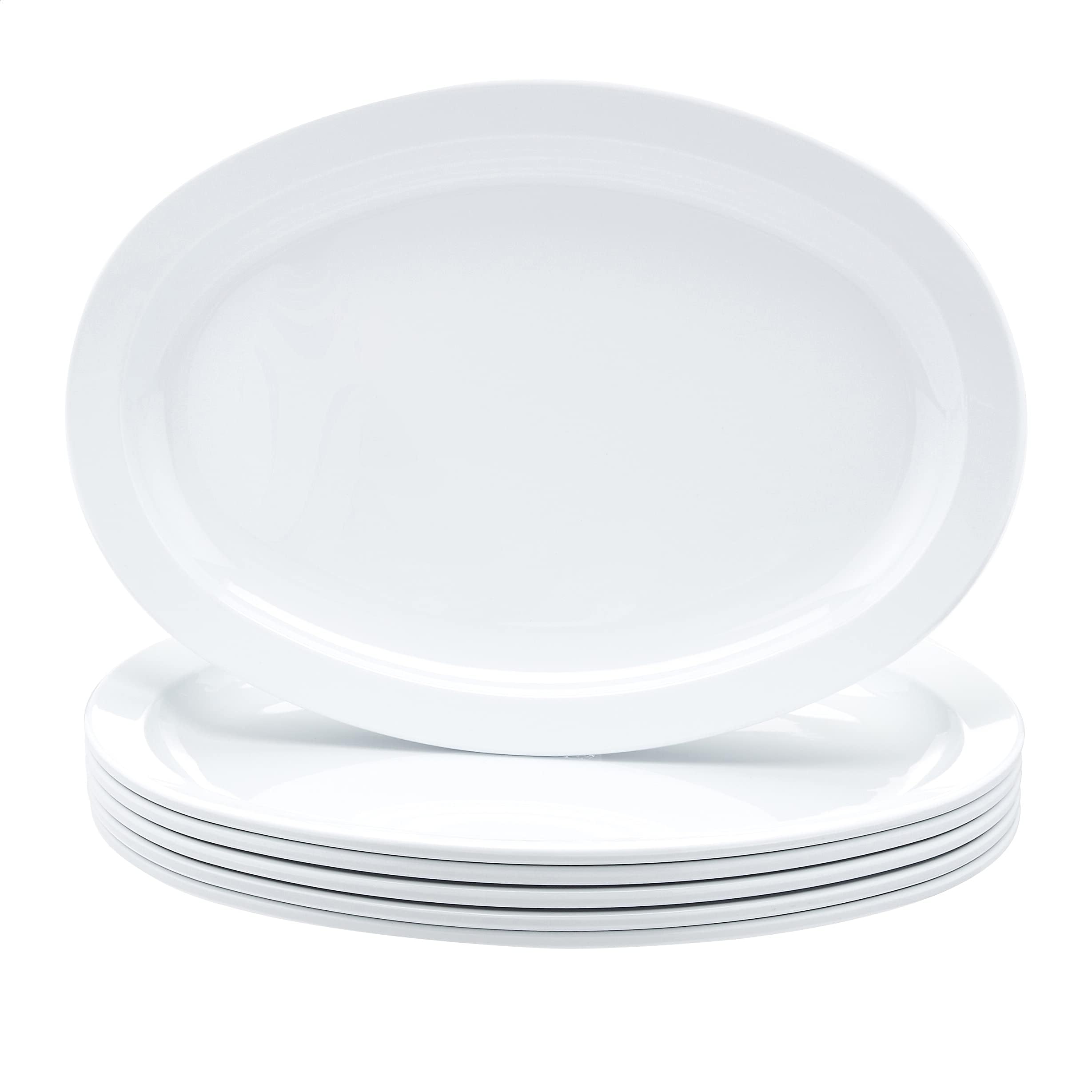 Amazon Basics Melamine Oval Serving Platter for Restaurants and Home, Dishwasher Safe, BPA Free, Break and Crack Resistant, Narrow Rim, 13" x 9.75", White, 6-Piece Set