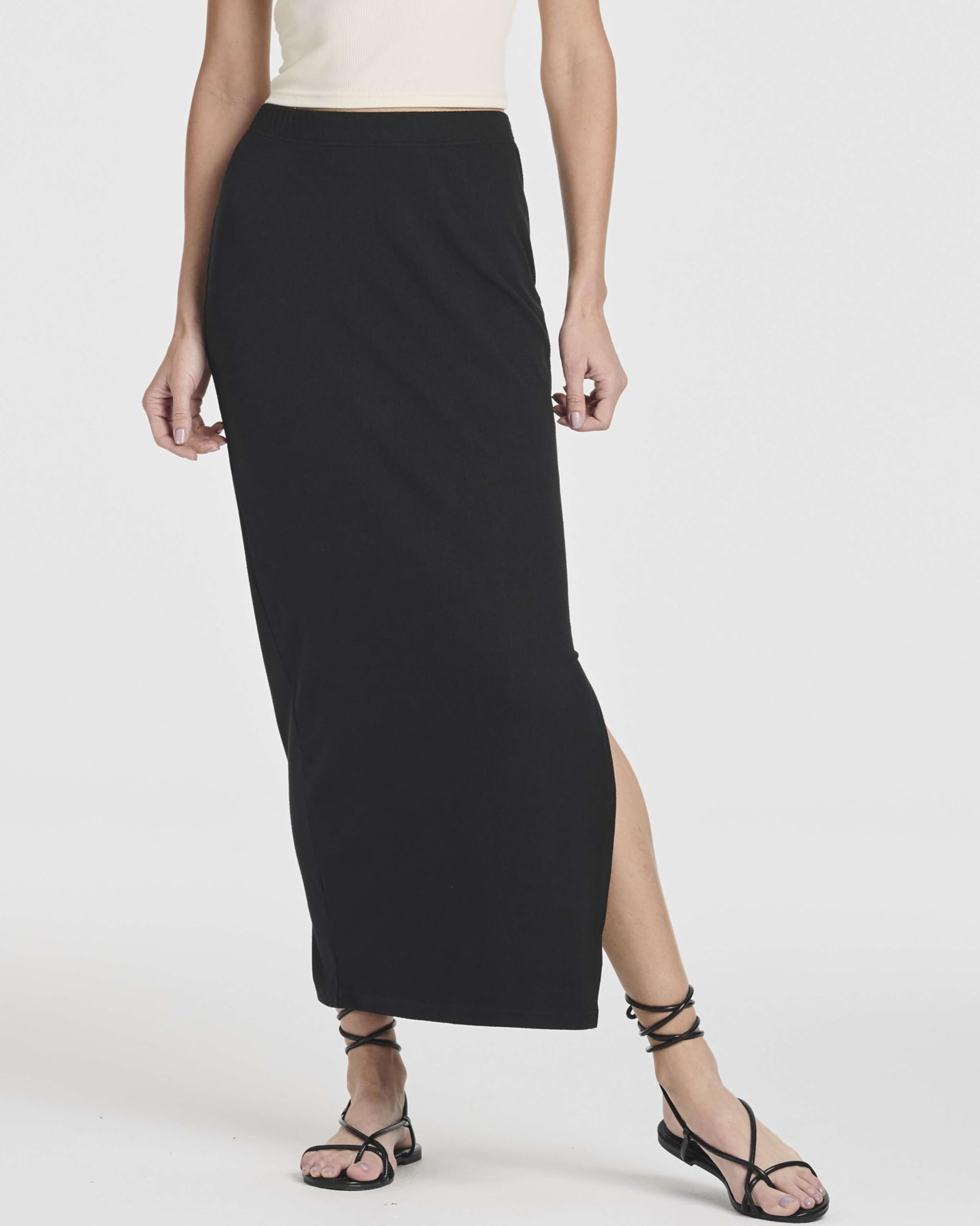 Real Essentials 3 Pack: Women's Ribbed High Waisted Maxi Skirt with Side Slit - Casual Long Pencil Skirt