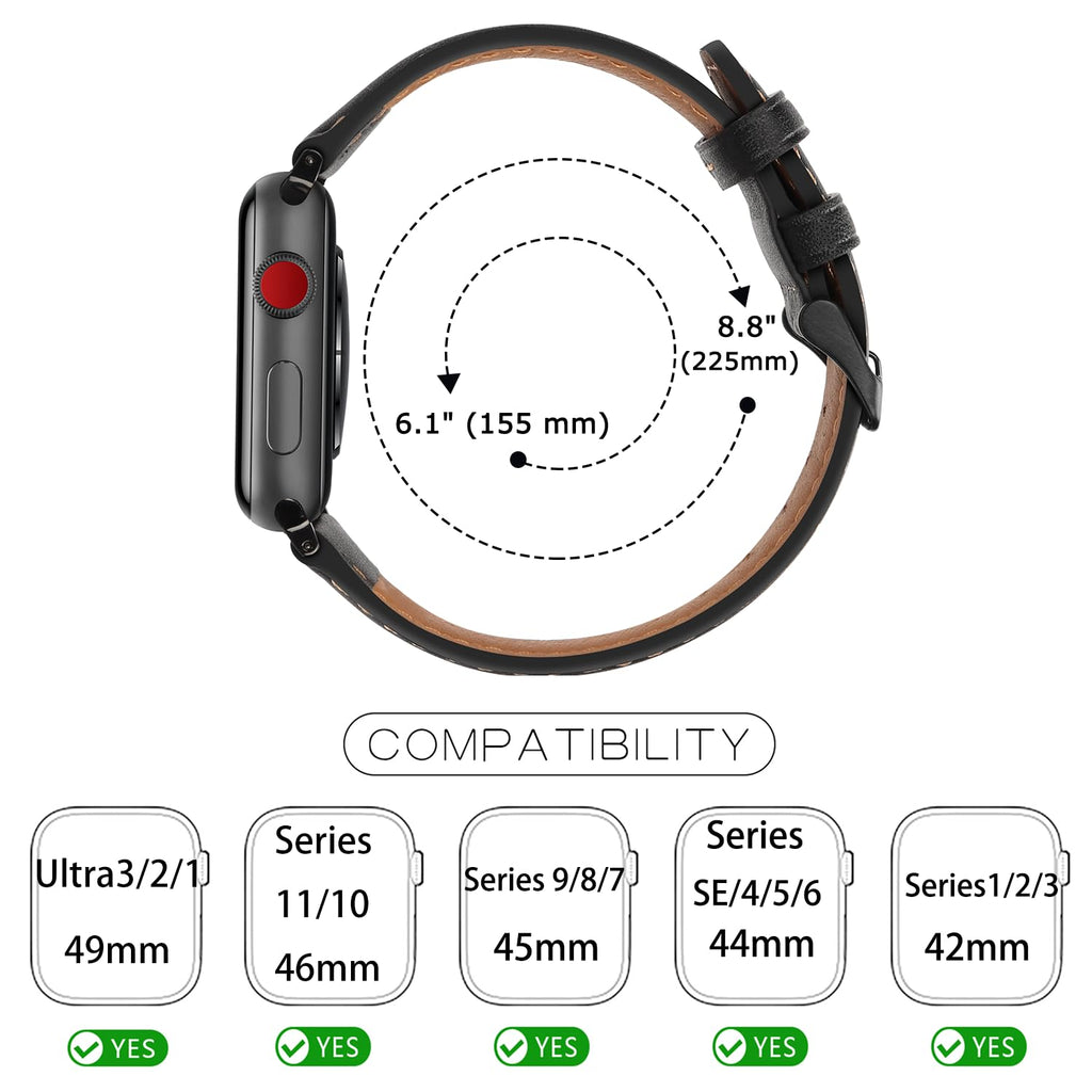 Tasikar Bands Compatible with Apple Watch Band 42mm (Series11/10) 41mm 40mm 38mm Men Genuine Leather Replacement Bands Compatible with Apple Watch SE Series 11 10 9 8 7 6 5 4 3, Black