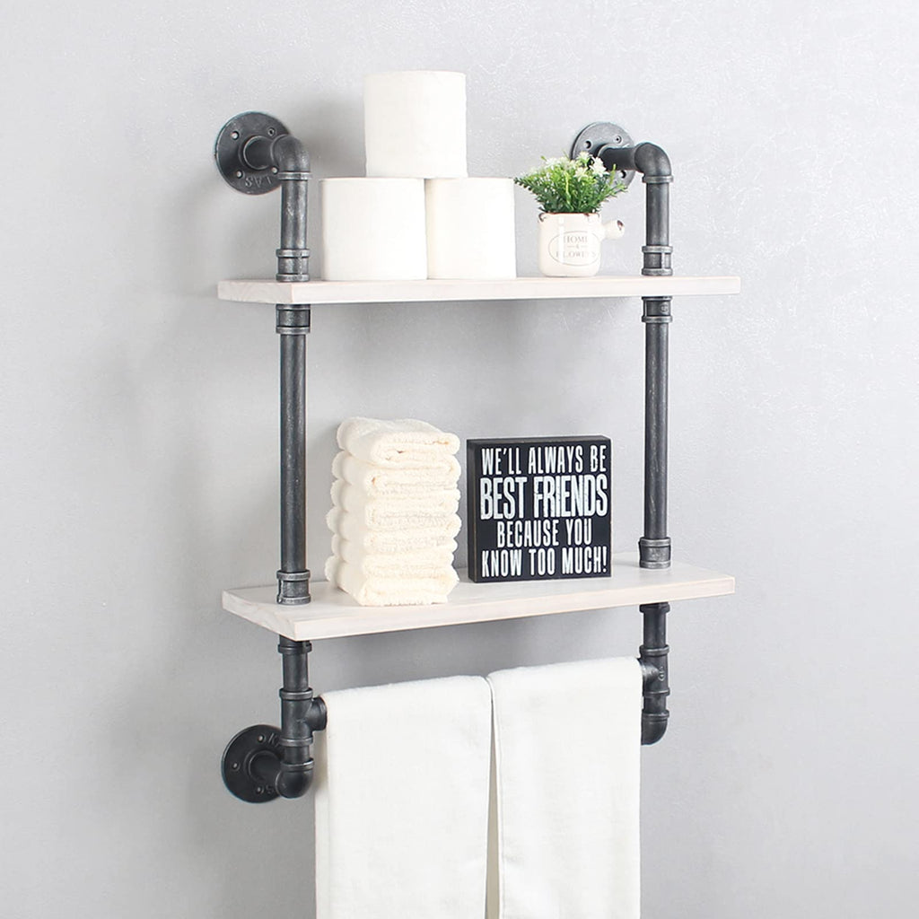 MBQQ Industrial Pipe Shelf Bathroom Shelves Wall Mounted,19.6in Rustic Wood Shelf with Towel Bar,1 Tier Farmhouse Towel Rack,Pipe Shelving Floating Shelves Towel Holder,Black & White