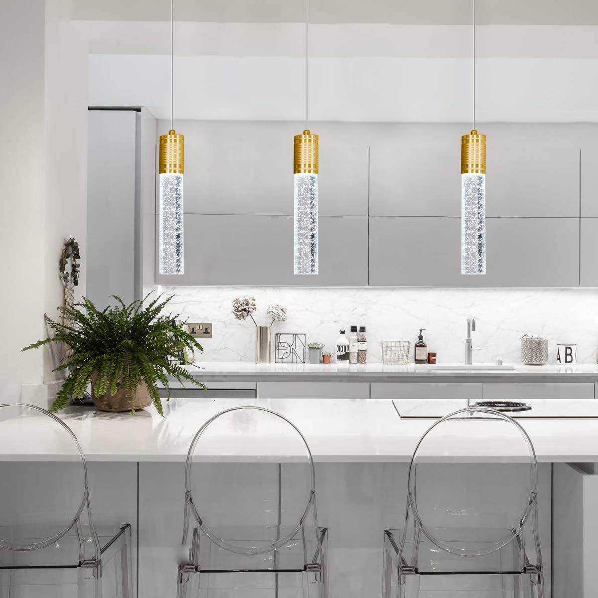 HAIXIANG Modern Kitchen Island Hanging Light Fixtures Crytstal Pendant Lighting for Kitchen Island Chrome Mini Chandelier with 6000K Daylight Bulb