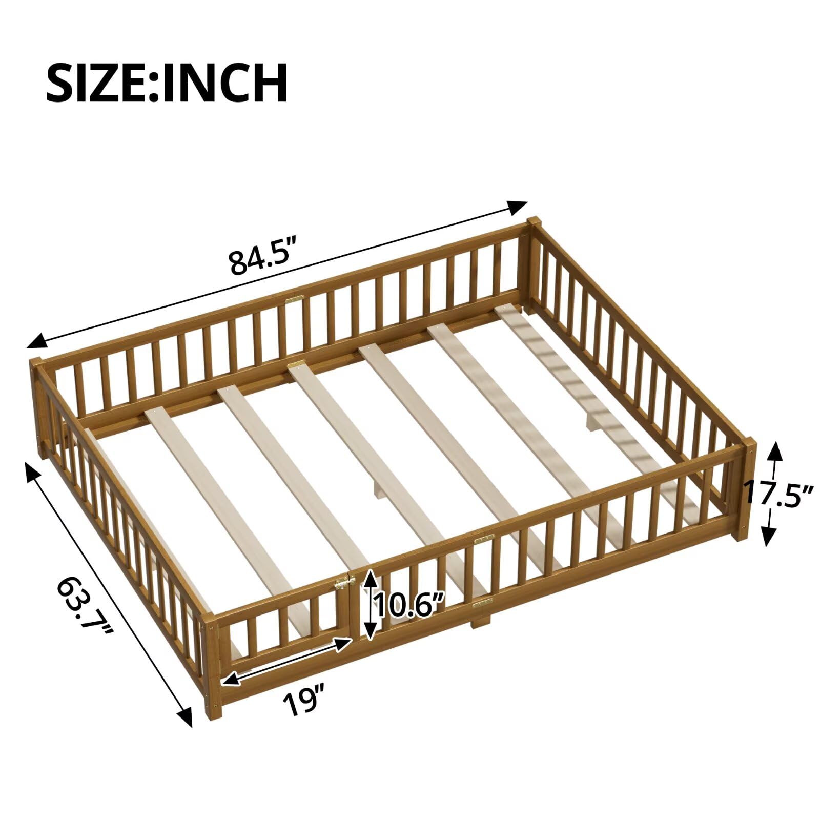 i-POOK Queen Floor Bed for Children, Sturdy Wood Montessori Bed Frame with Wood Slats, High Fence & Small Door for Girls and Boys, Espresso (with Bed Slats)