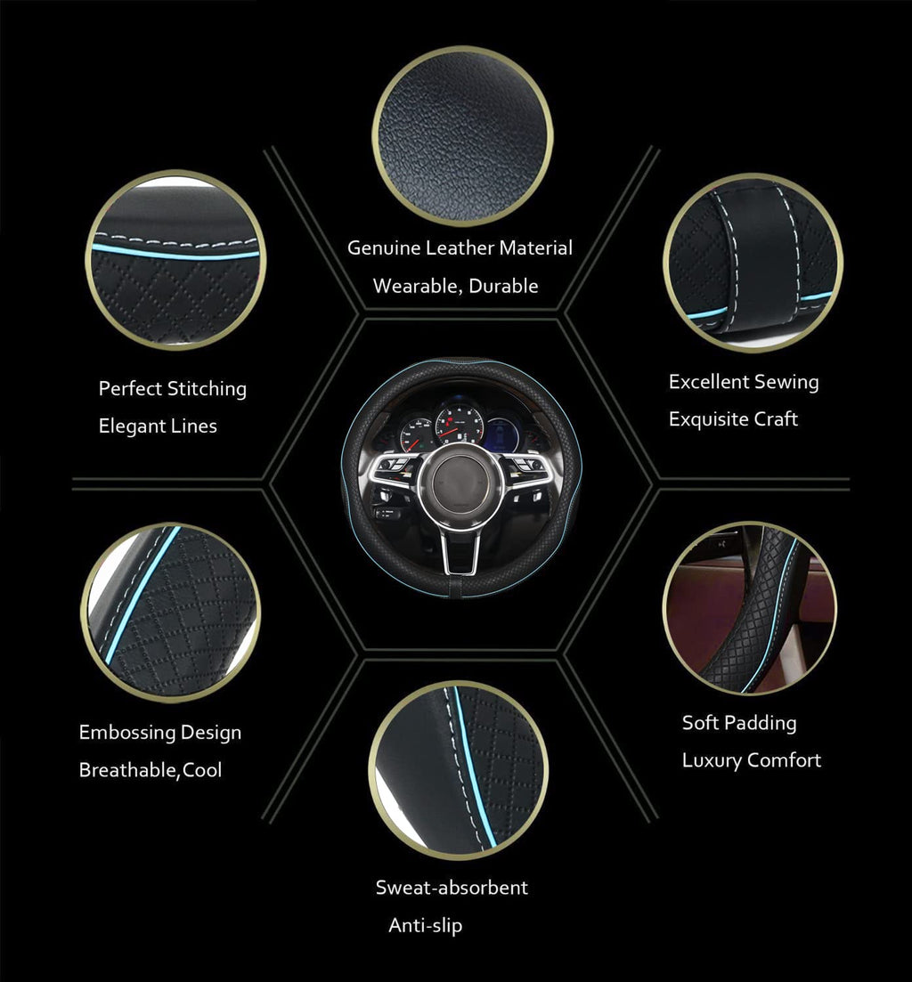 Car Steering Wheel Cover, Anti-Slip, Safety, Soft, Breathable, Heavy Duty, Thick, Full Surround, Sports Style (Black)