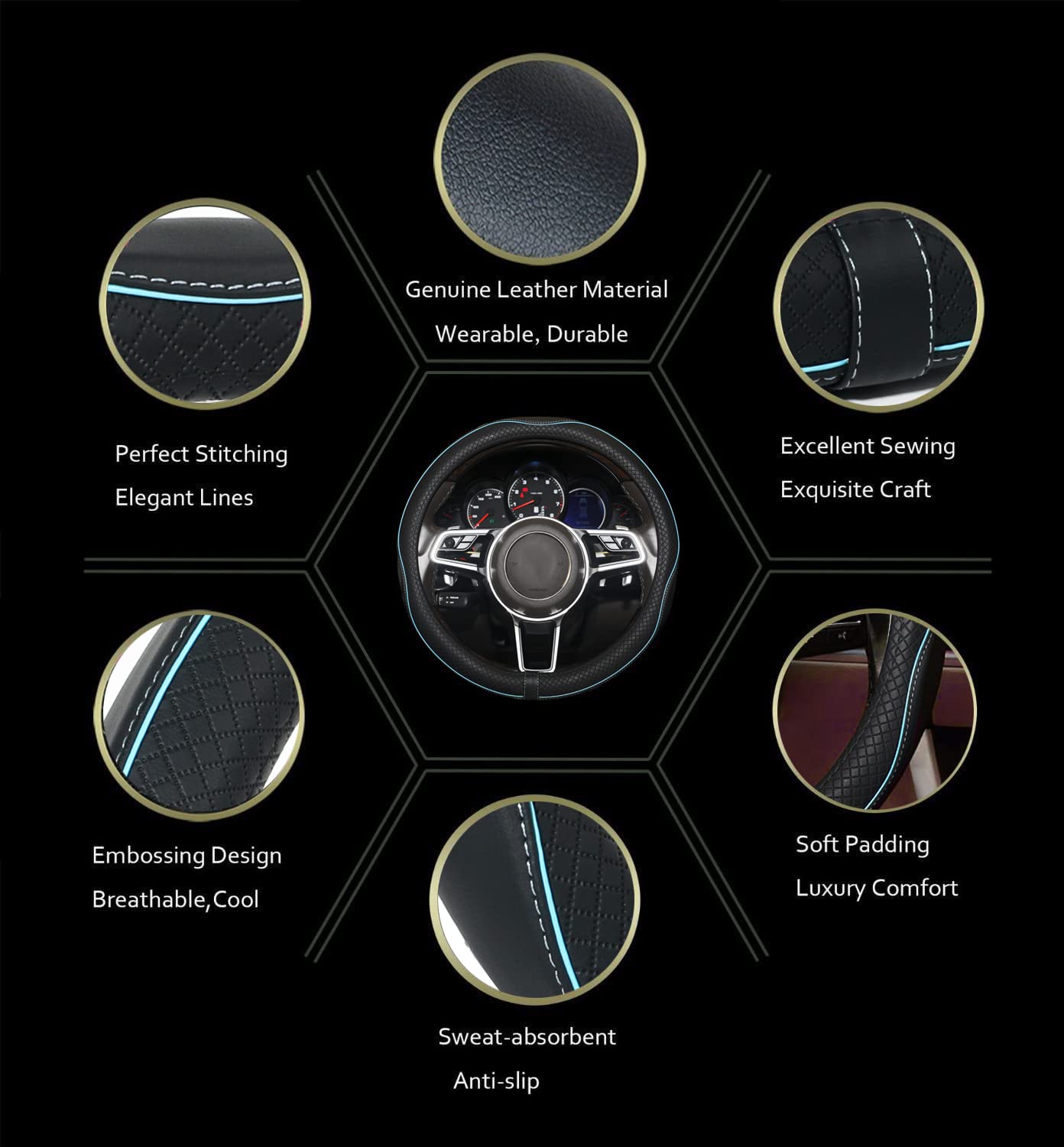 Car Steering Wheel Cover, Anti-Slip, Safety, Soft, Breathable, Heavy Duty, Thick, Full Surround, Sports Style (Black)