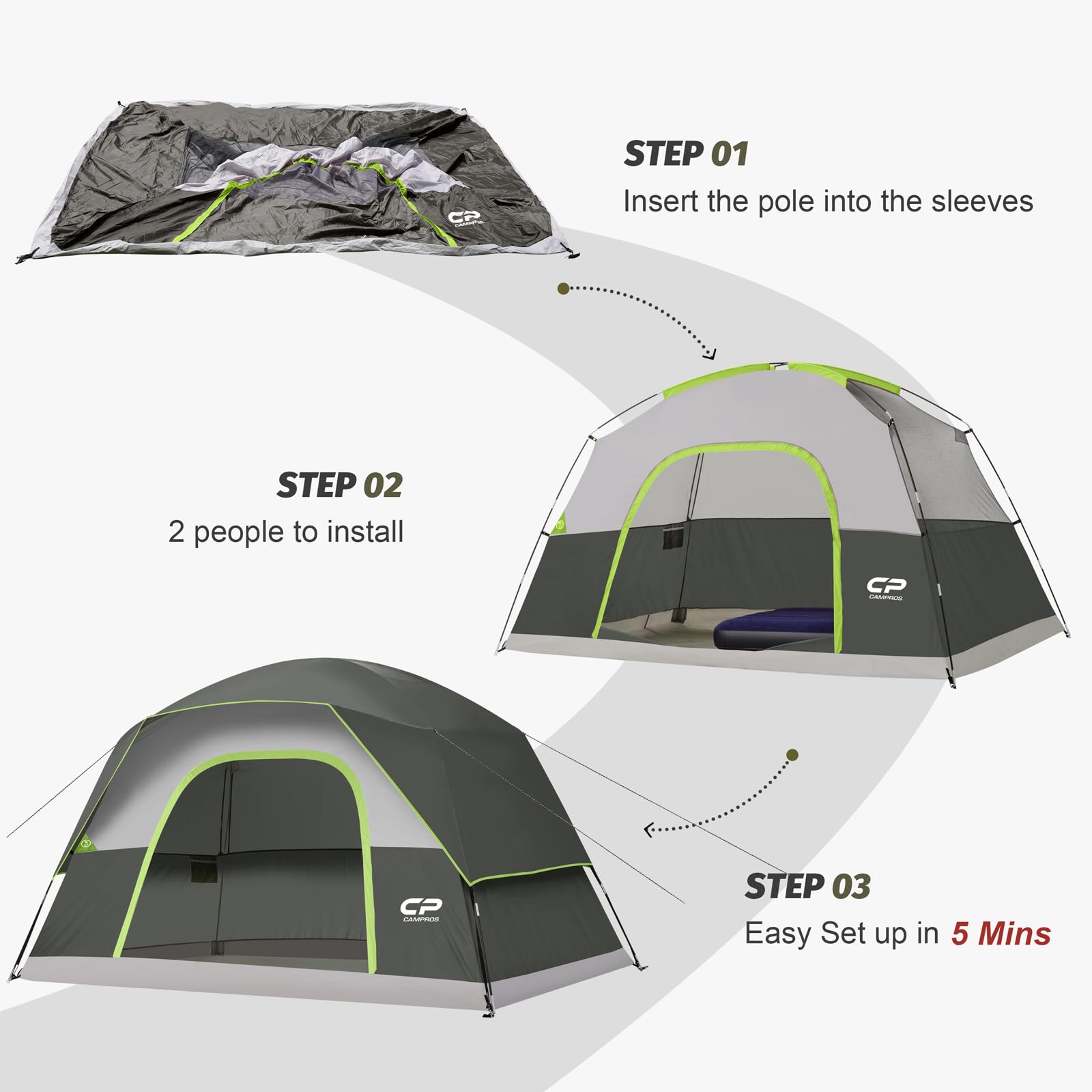 CAMPROS CP Camping Tent 2/4/6 Person, Waterproof Windproof Double Layer Dome Tent, Easy Setup with Large Mesh Windows & Wide Door for Outdoor Camping Backyard