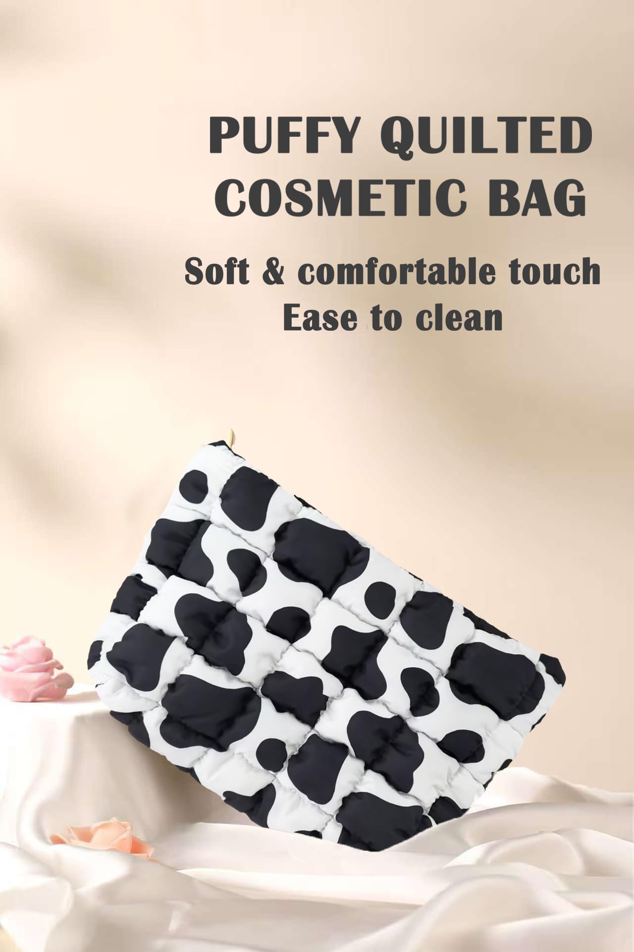 Puffy Quilted Makeup Bag for Women, Cosmetic Bag, Travel Toiletry Organizer Pouch Clutch (Black Flowers)